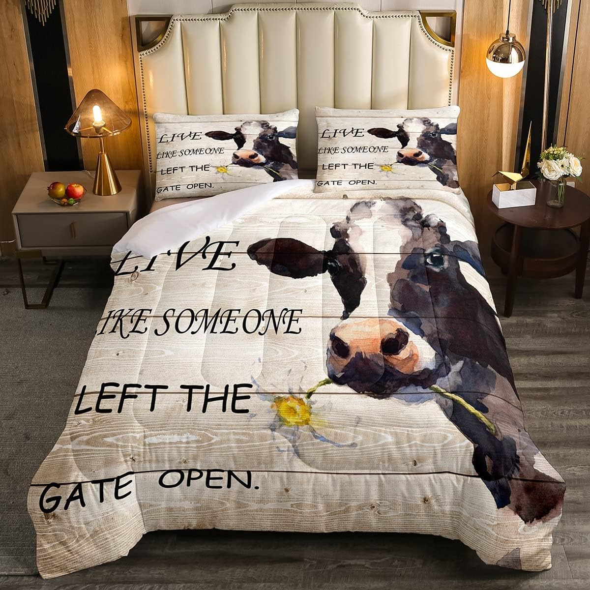 Feelyou Juego de edredón con estampado de vaca para niños, juego de ropa de cama de girasol de animales de granja para niños y niñas, edredón con