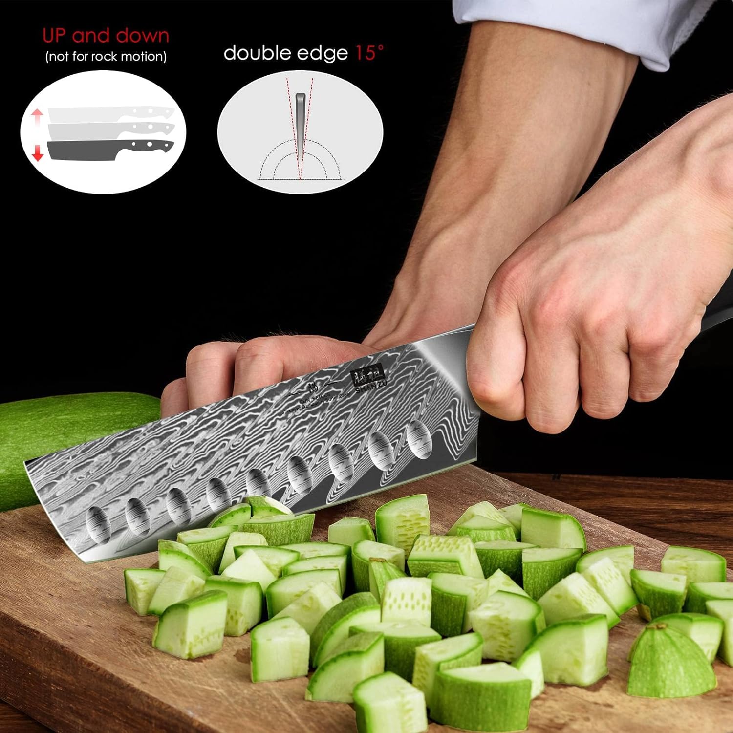SHAN ZU Nakiri – Cuchillo profesional para verduras de acero Damasco japonés (AUS-10), mango ergonómico G10, serie SUN