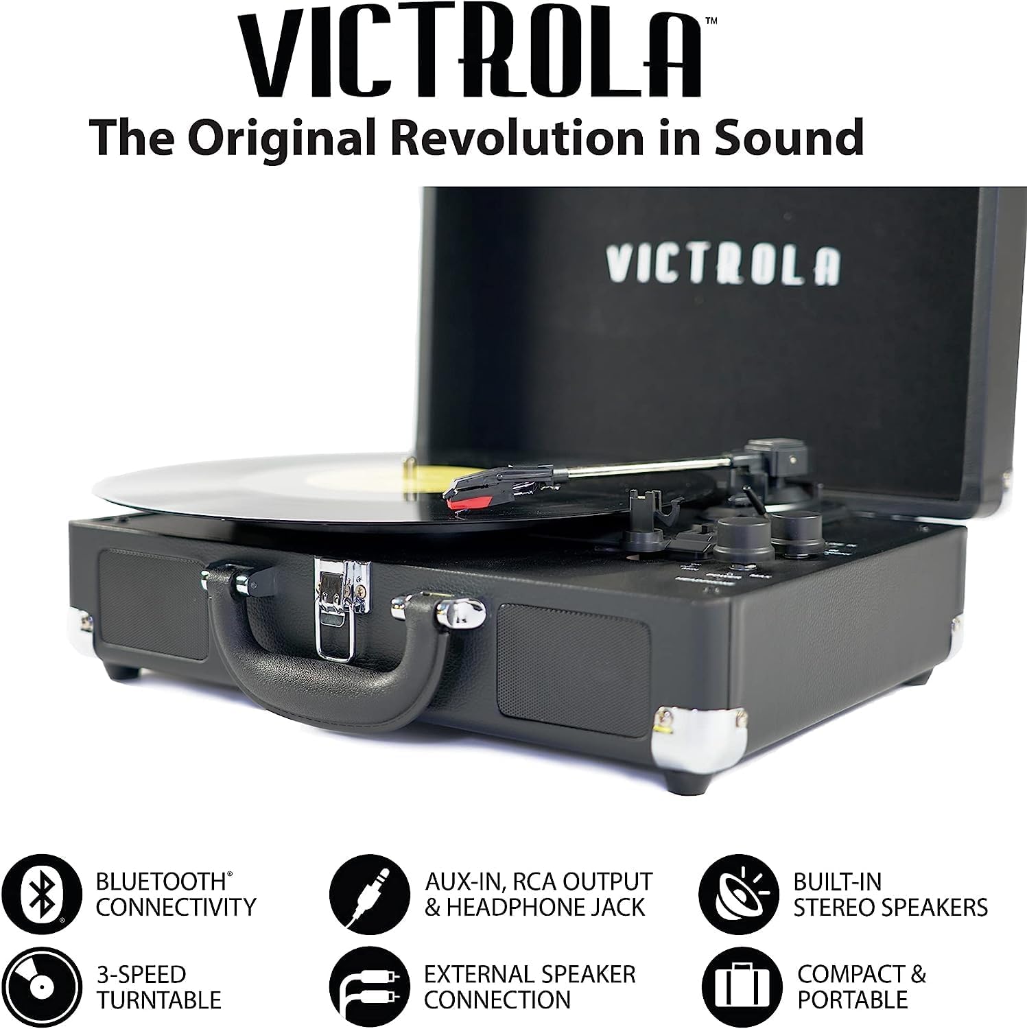 Victrola Tocadiscos portátil de maleta estilo vintage, 3 velocidades, conexión Bluetooth, altavoces integrados, incluye púa extra, marrón, modelo
