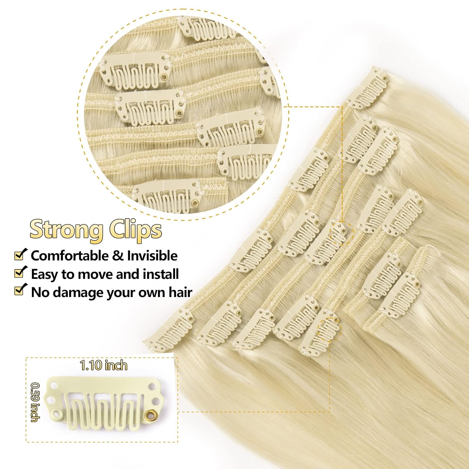 OURI Extensiones de cabello humano real sin costuras, 14 pulgadas, 4.23 oz, 7 unidades, Remy 100 natural, doble trama, color rubio degradado, largo,