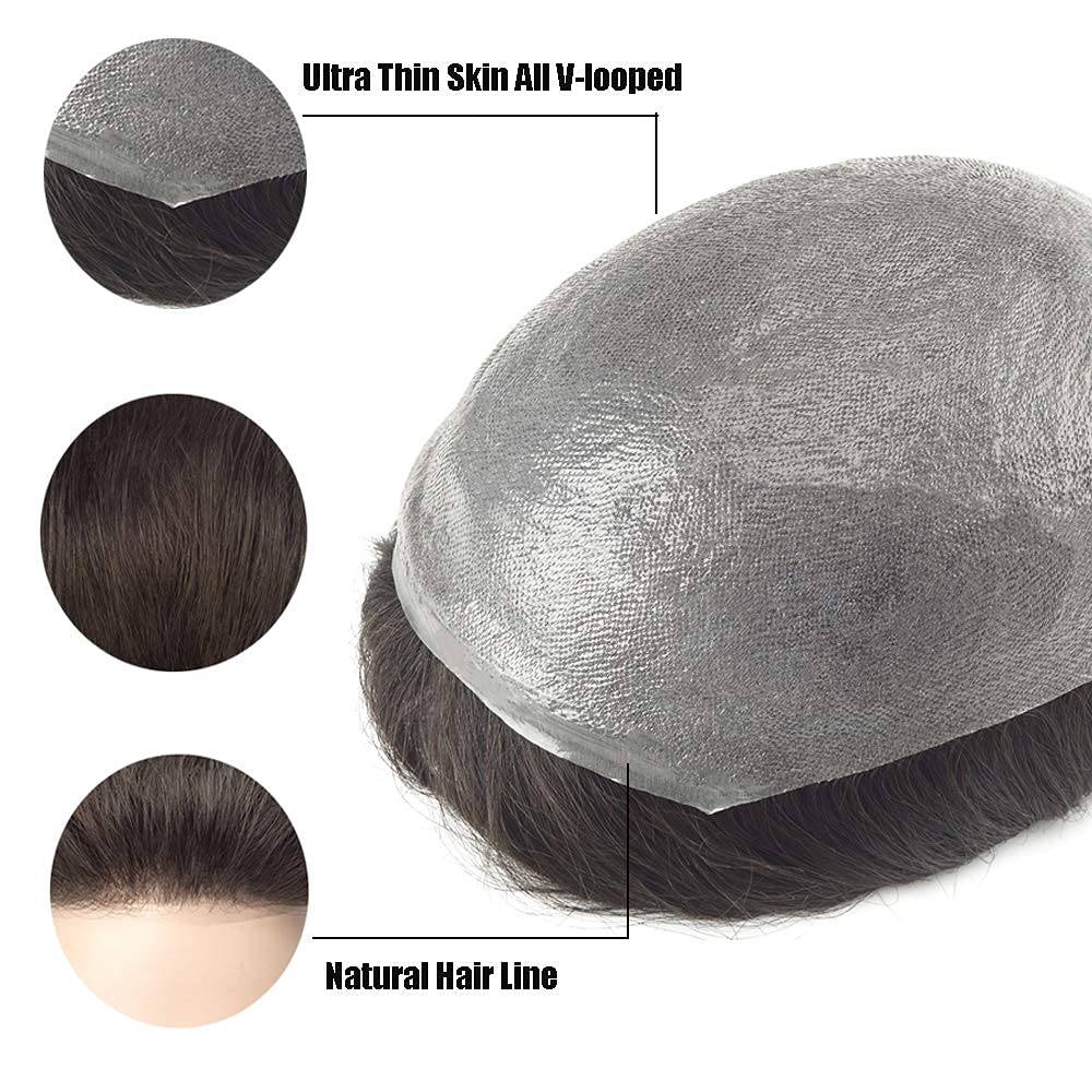 hairpr Prótesis de cabello masculino 0.002-0.003 in sin nudos V-loop PU Toupee Hombres Pelucas duraderas para hombres Sistema de cabello 100% humano