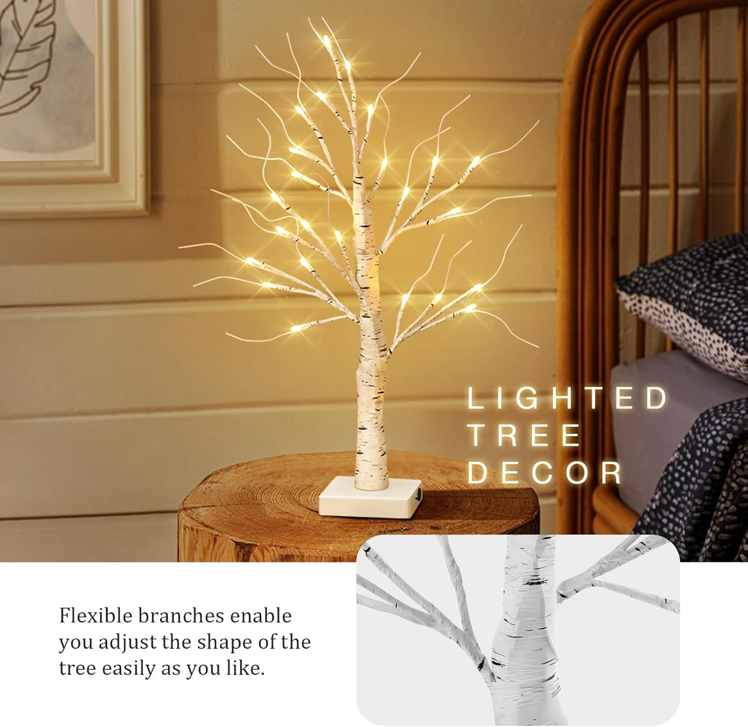 Árbol de abedul iluminado de 22.8 pulgadas para decoración de Navidad, árbol de Navidad artificial con 24 luces LED, lámpara de árbol de mesa con