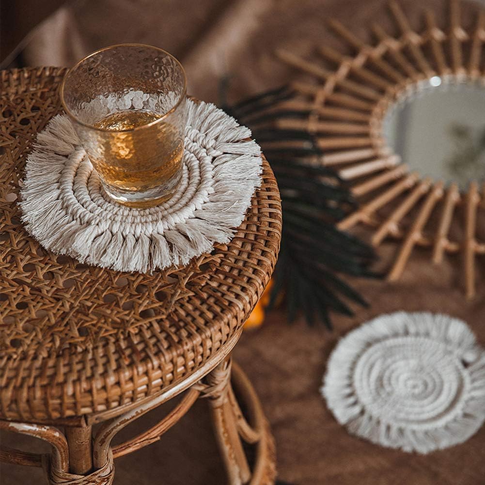 Posavasos de macramé hechos a mano para bebidas, juego de 2, posavasos redondos de algodón tejido absorbente, resistentes al calor, manteles de