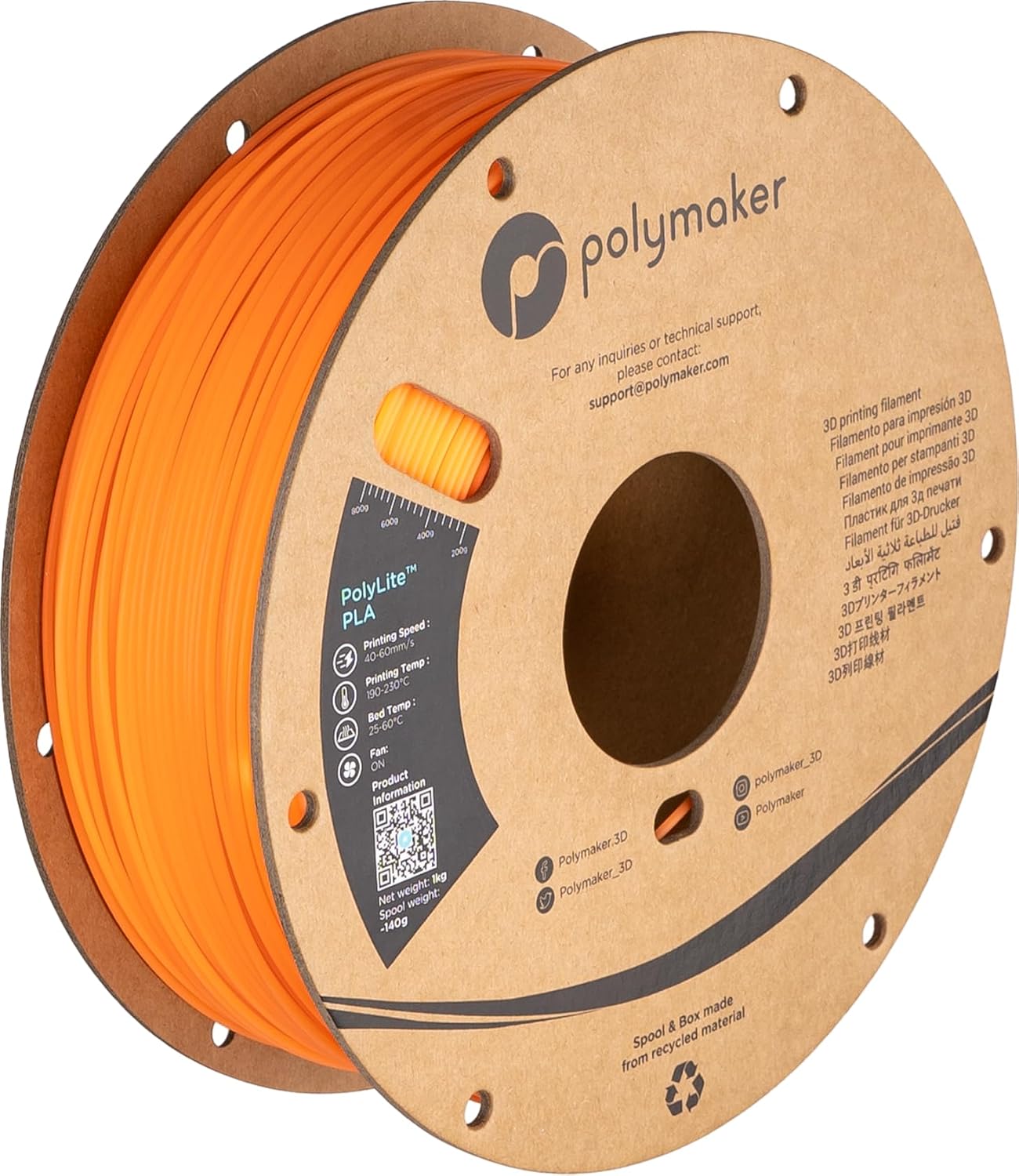 Polymaker Filamento PLA luminoso de 0.069 pulgadas, filamento de impresora 3D de ácido poliláctico naranja luminoso de 1.75 pulgadas (0.069 in),
