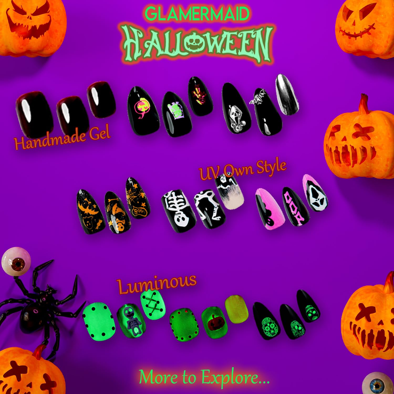 GLAMERMAID Galaxy – Uñas postizas a presión negras medianas, uñas postizas de almendra, color morado oscuro, con diseño de serpiente verde, juego de