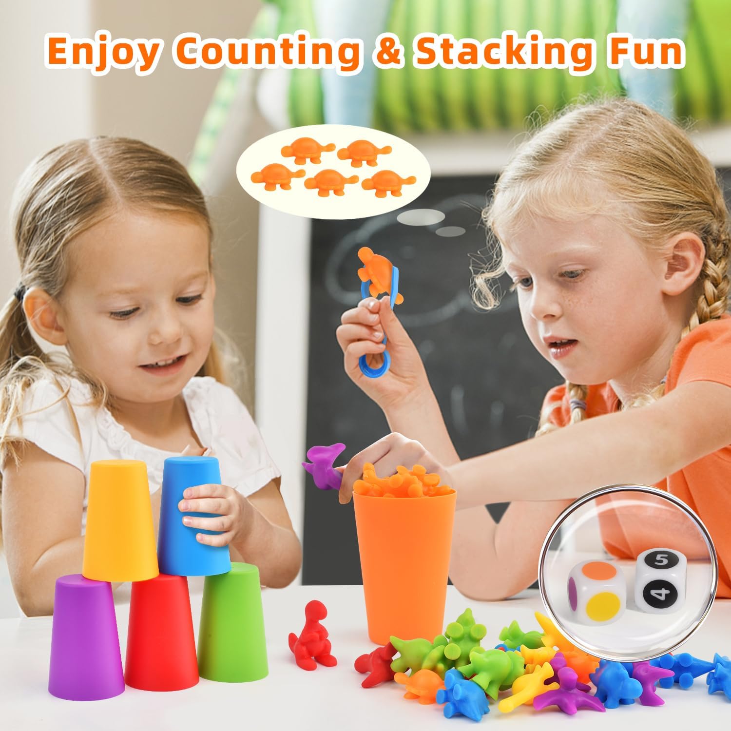 Juguetes de dinosaurios mejorados para contar y clasificar, juego de dinosaurios a juego de clasificación de colores con tazas y dados apilables,