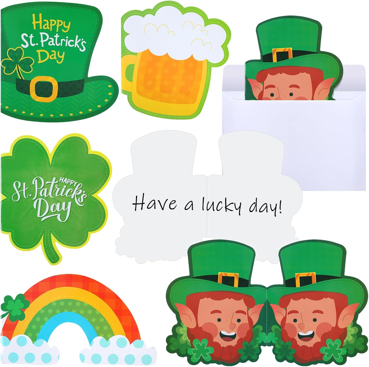 30 juegos de tarjetas del día de San Patricio con sobres, tarjetas de felicitación irlandesas de trébol, en blanco, forma irregular, duende verde,