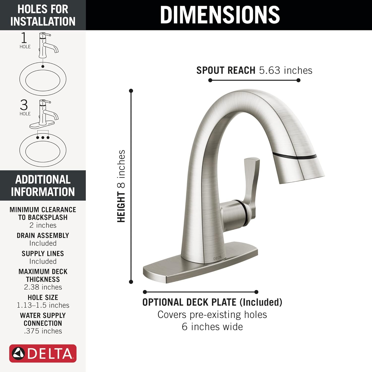 Delta Faucet Stryke Lumicoat – Grifo de baño extraíble, grifo de baño de níquel cepillado de un solo orificio con rociador extraíble, grifo de