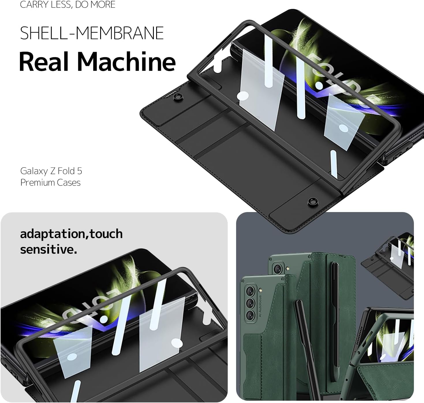 NINKI Funda compatible con Samsung Galaxy Z Fold 5 con protector de pantalla, protección de bisagra, 2 ranuras para tarjetas, soporte desmontable