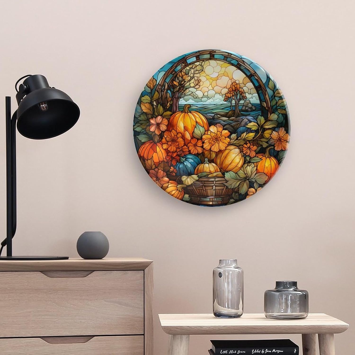 Plato de cosecha de otoño de calabaza para decoración de pared de oficina en casa, plato decorativo con soporte de exhibición, adorno de cerámica,