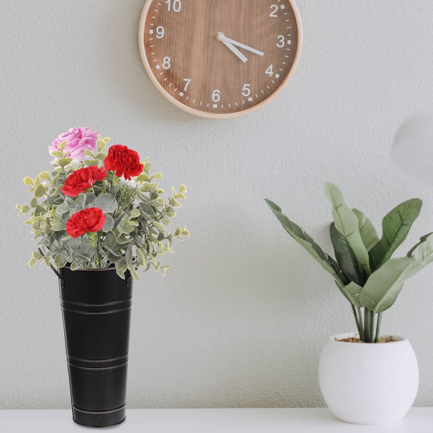 SEWACC Florero de metal galvanizado, estilo retro, de granja, estilo francés, con asa, florero rústico para el hogar, boda (negro)