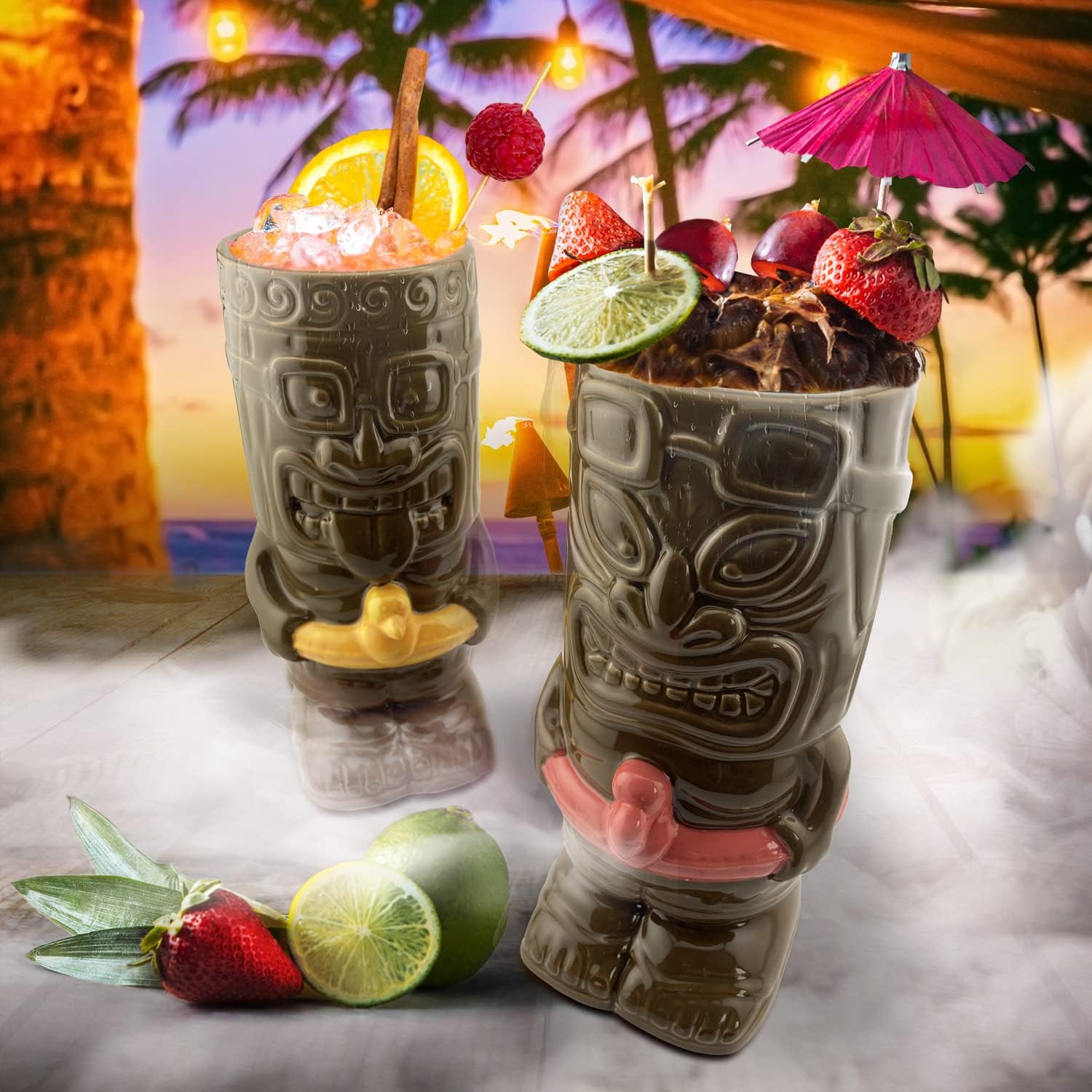 Tiki – Juego de tazas de cerámica para fiesta en la piscina, juego de 2 tazas coleccionables de Tiki Funky – Tazas de café, vasos tropicales para la