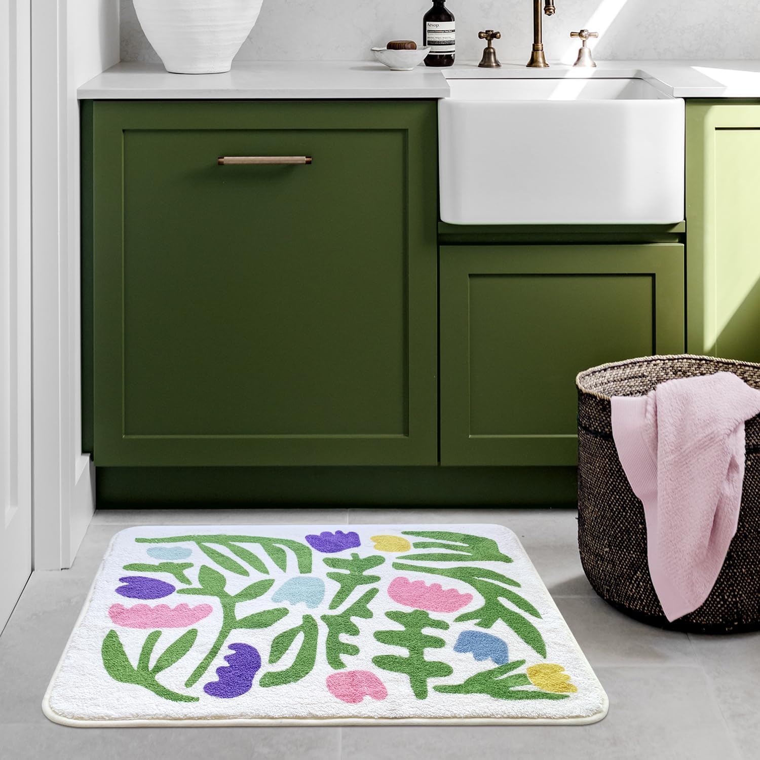 SHIYUE Alfombra de baño con diseño de flores coloridas para alfombras de baño, microfibra ultrasuave y esponjosa, absorción de agua, antideslizante,