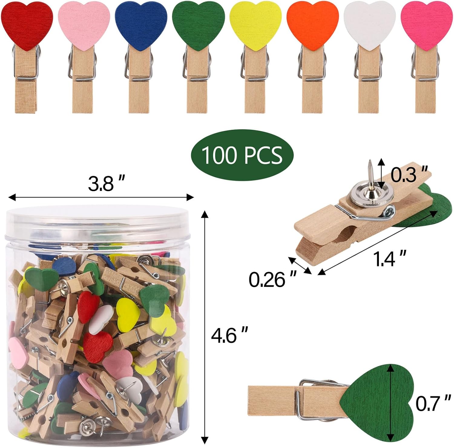 100 pines coloridos de corazón con clips de madera, alfileres decorativos, tachuelas para tablero de corcho, tablón de anuncios, notas de obras de