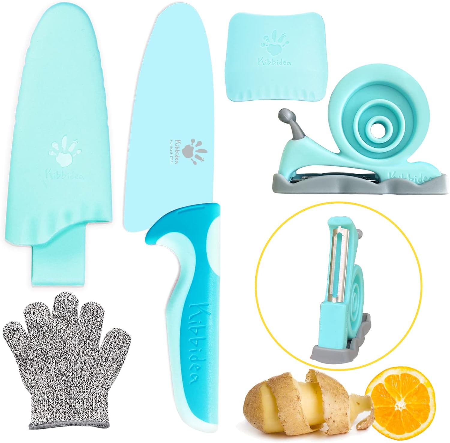 Kibbidea Juego de cuchillos para niños, 4 piezas de cocina para niños, de acero inoxidable, cuchillos de chef con pelador, protector de dedos,