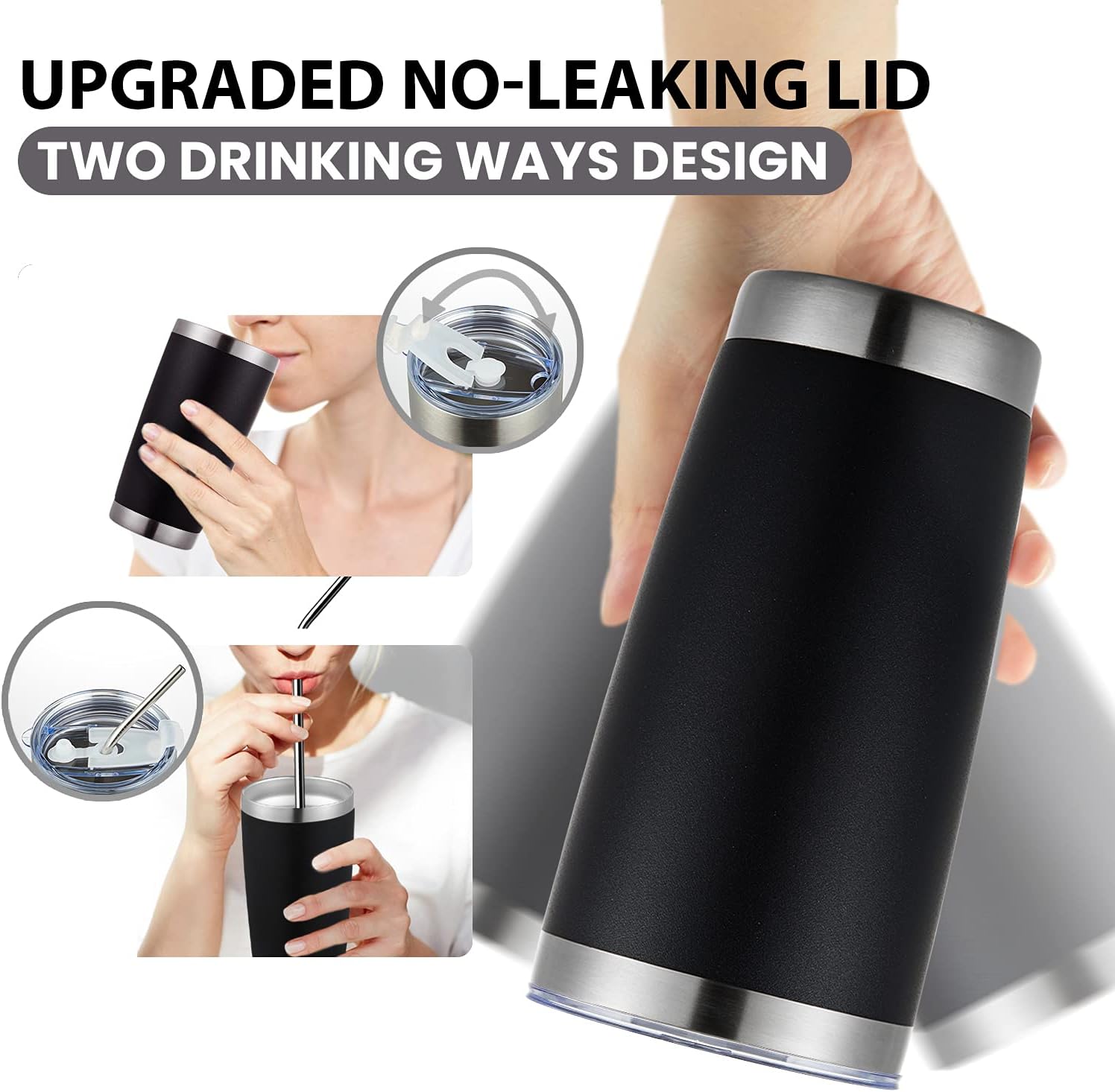 COKTIK – Paquete de 8 vasos de 20 onzas con tapa y popote, cepillo, aislamiento al vacío con doble pared de acero inoxidable, térmico para bebidas