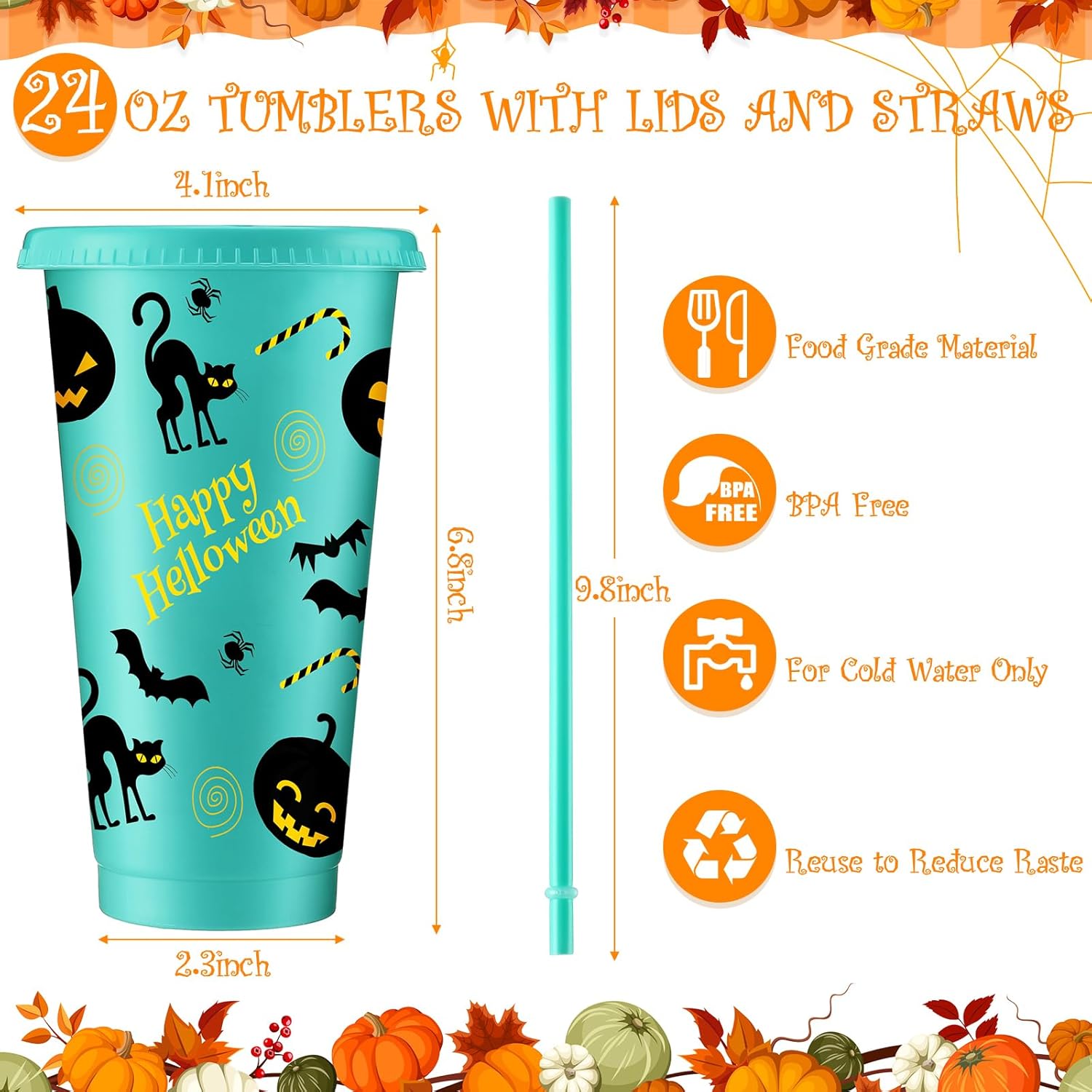 24 vasos de plástico de Halloween con tapas y pajita, vasos reutilizables a granel de 24 onzas con tapa y popote para bebidas frías, vaso colorido