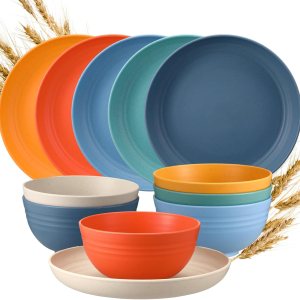 Juego de 12 platos y cuencos de paja de trigo, 6 platos llanos de 9 pulgadas, 6 cuencos de cereales irrompibles de 28 onzas, juegos de vajilla de Juego de 12 platos y cuencos de paja de trigo, 6 platos llanos de 9 pulgadas, 6 cuencos de cereales irrompibles de 28 onzas, juegos de vajilla de