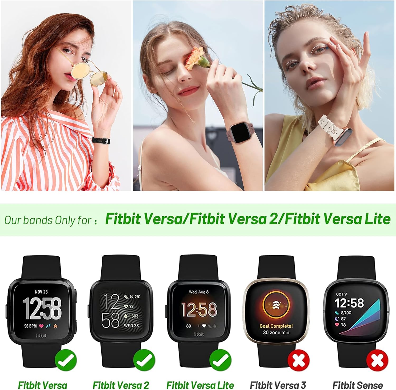 YAXIN Paquete de 3 correas deportivas delgadas compatibles con Fitbit Versa, Fitbit Versa 2, Fitbit Versa Lite, correas de repuesto de encaje de
