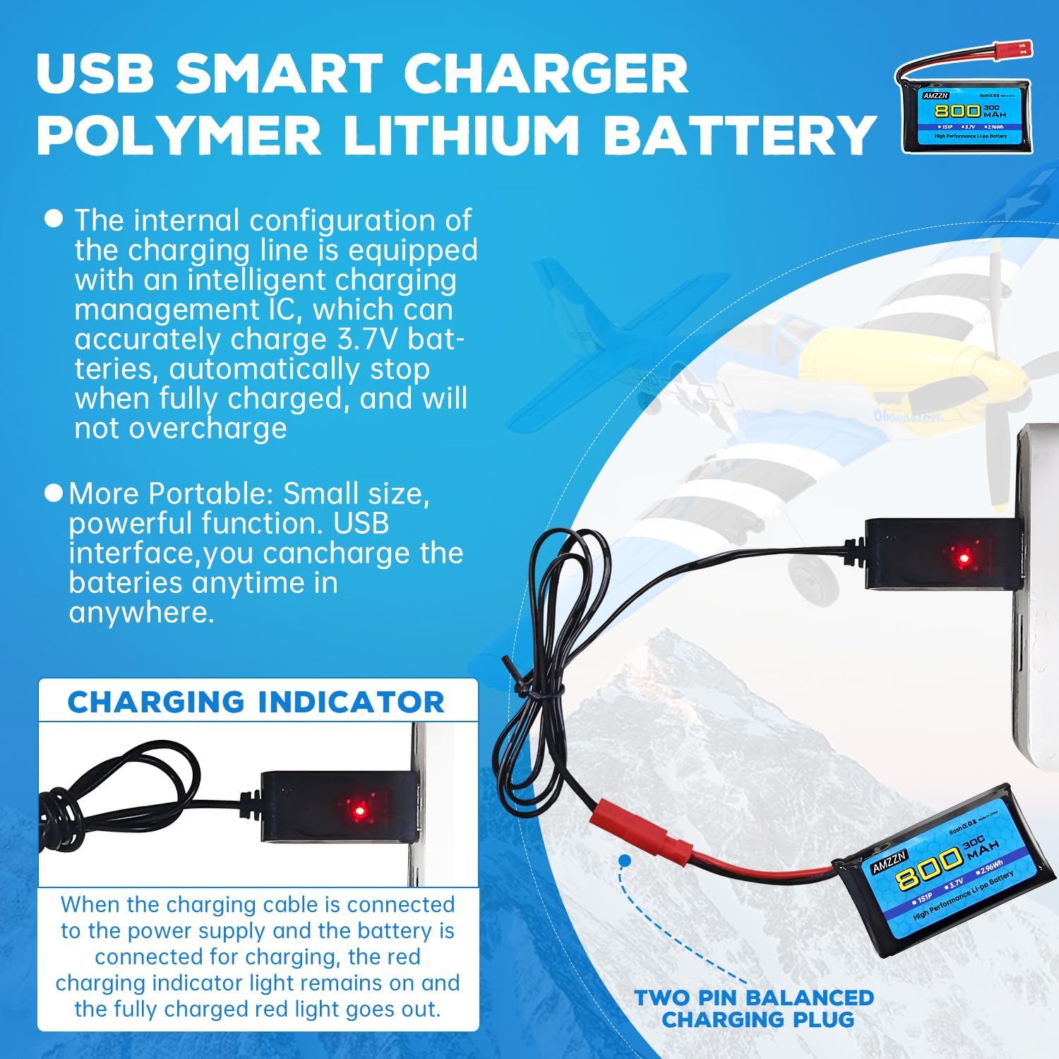 Batería Lipo de 3.7 V, 800 mAh, 30C, batería de drones RC con 2 conectores USB JST para SYMA X56W MJX X400W X300C X800 HS110 HS200 S670 V950hd S1750