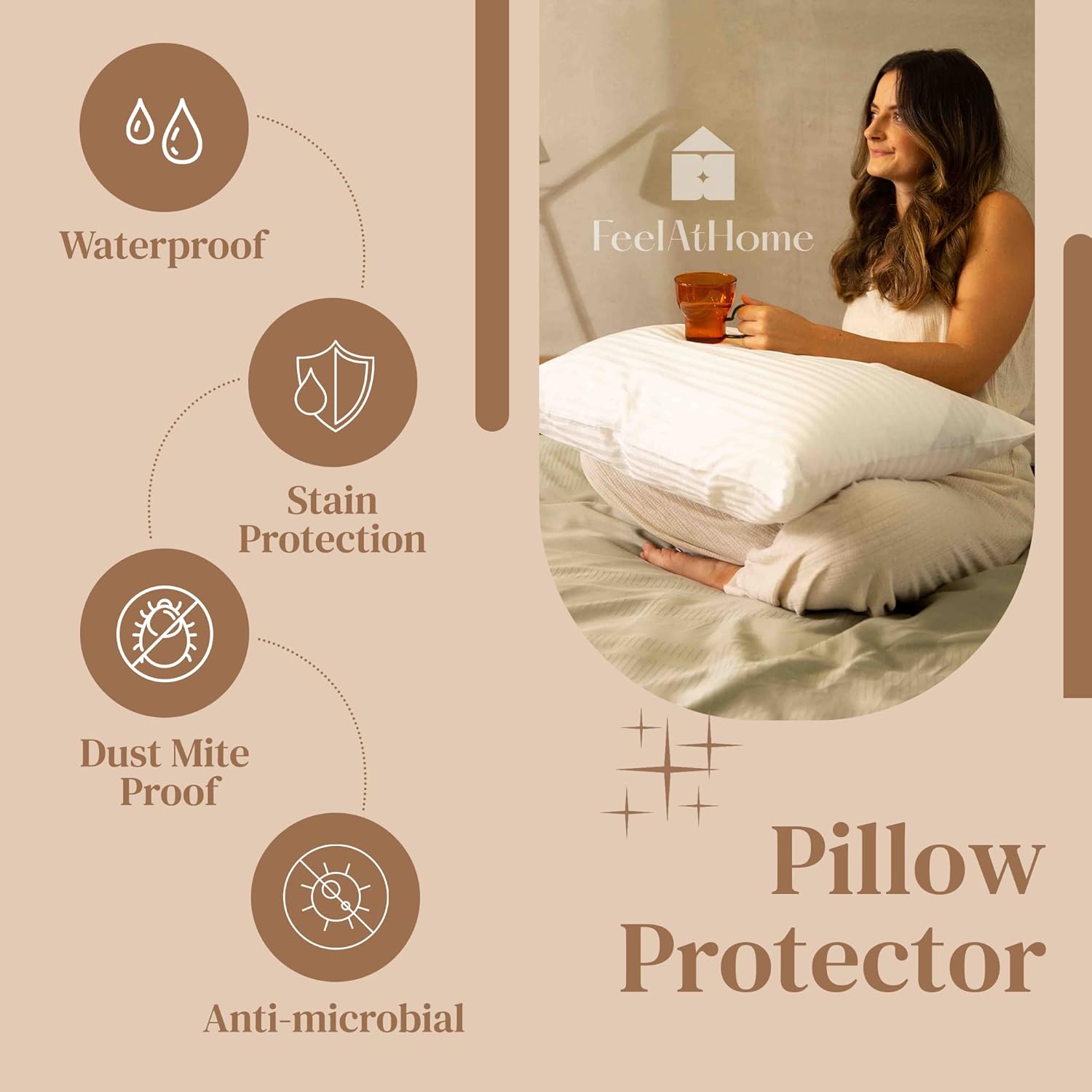 FeelAtHome Funda de almohada 100% algodón con cremallera impermeable, 30 x 20 pulgadas (paquete de 4, Queen)  Funda de almohada silenciosa  Fundas