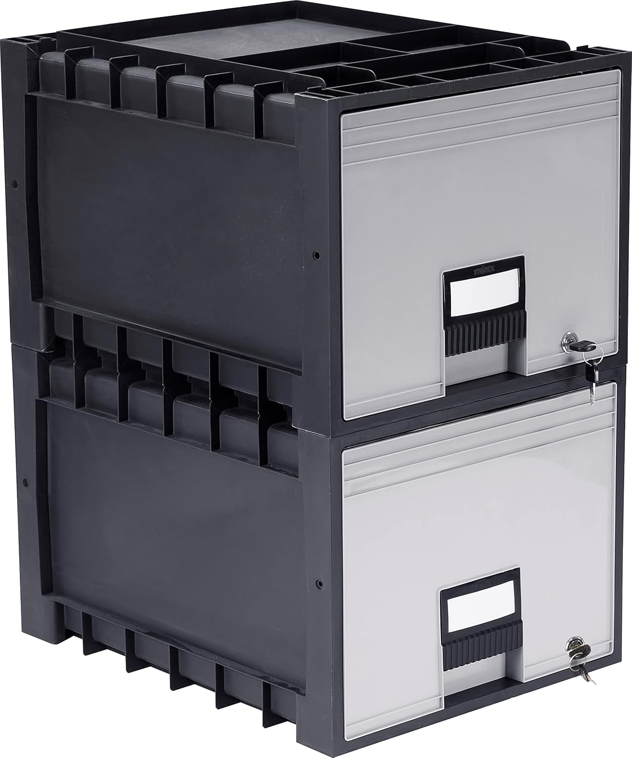 Storex Caja de almacenamiento de plástico con cerradura, tamaño carta, cajón de 18 pulgadas, negro, paquete de 2 (61178A02C)