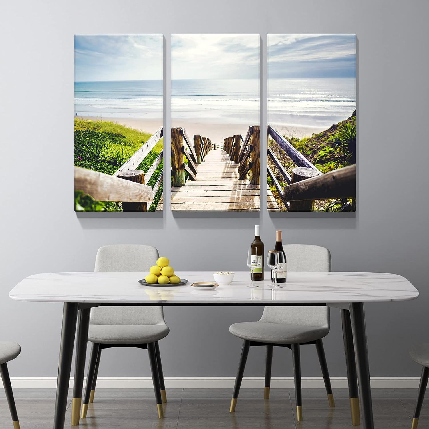 Denozer 3 paneles de arte de pared de camino de madera junto a la playa arte gráfico sobre lienzo envuelto para decoración de pared, estirado y