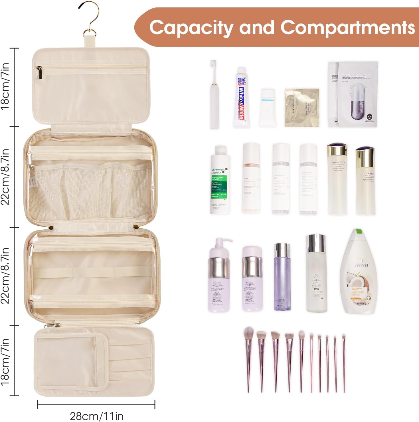 Neceser para mujer, organizador de maquillaje de viaje colgante con 4 compartimentos, piel sintética, impermeable, bolsa de cosméticos para