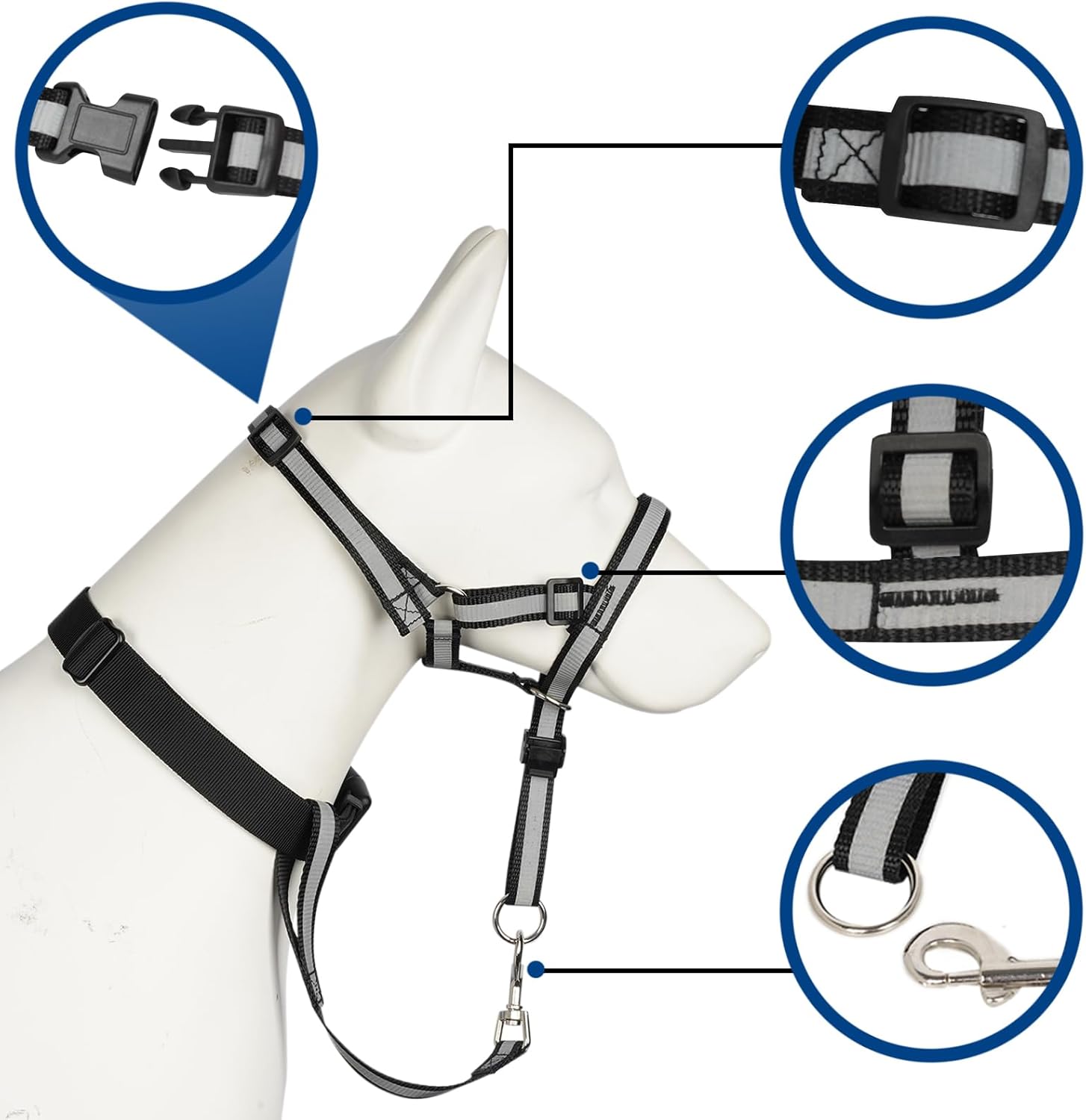 BARKLESS Collar reflectante para la cabeza, collar antitirones para perros medianos y grandes, correa de bozal antitirones para razas de tamaño