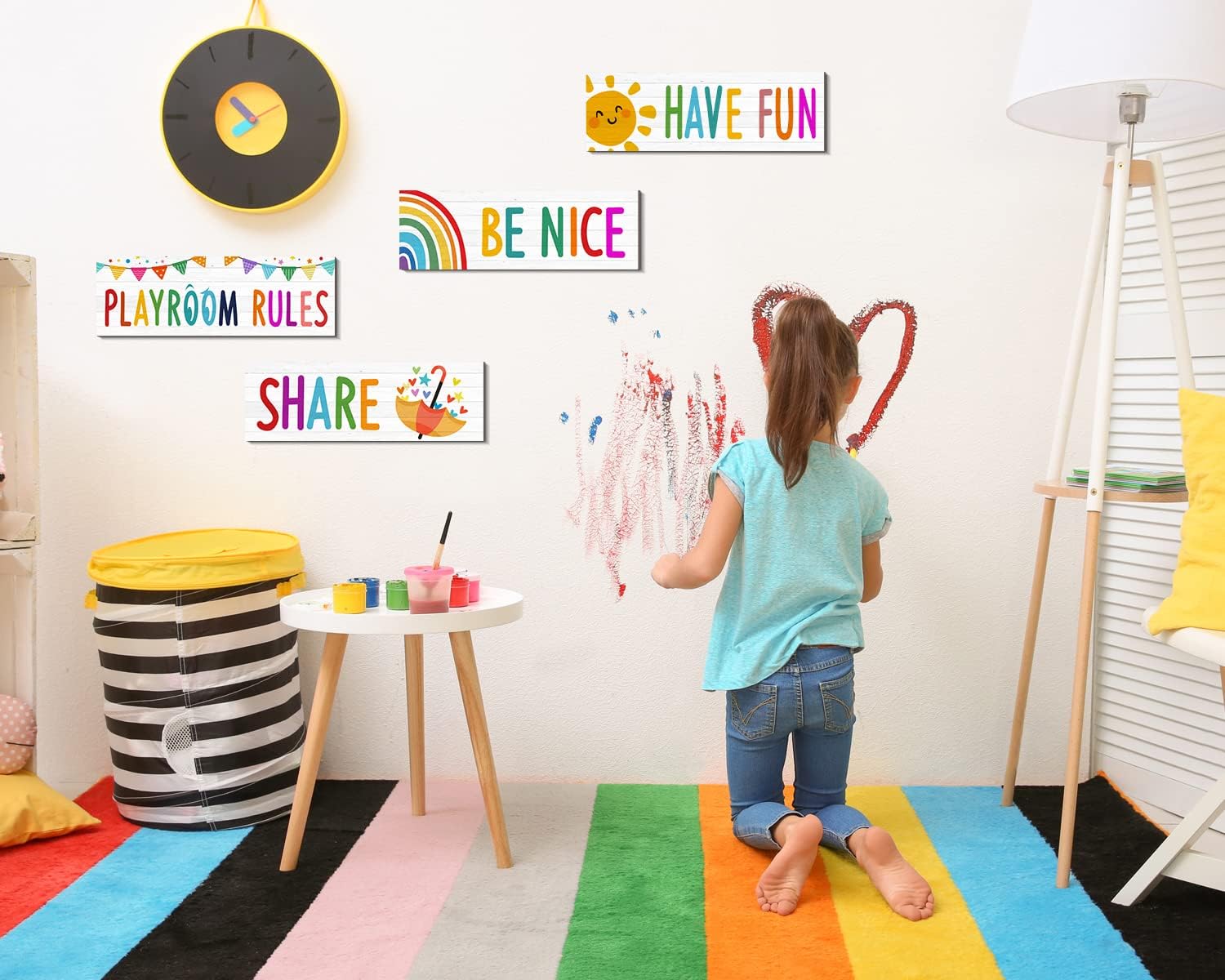 4 letreros para sala de juegos para niños, decoración de pared para sala de juegos, reglas de juegos, citas, letrero con texto en inglés “Be Nice