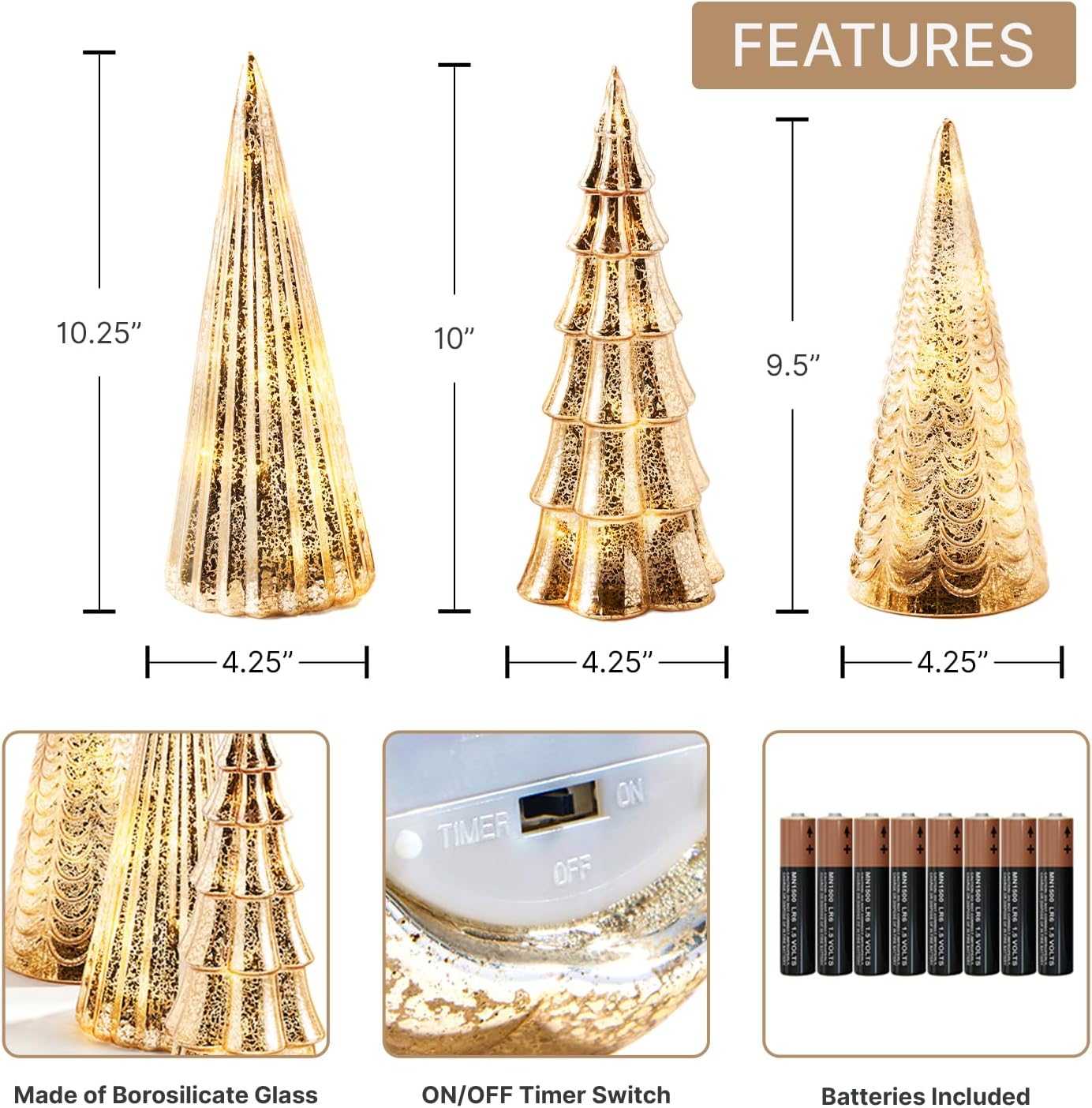 Decoración para árbol de Navidad con luces de hadas, juego de 3 árboles surtidos, 10 pulgadas de alto, acabado de mercurio dorado champán, pilas