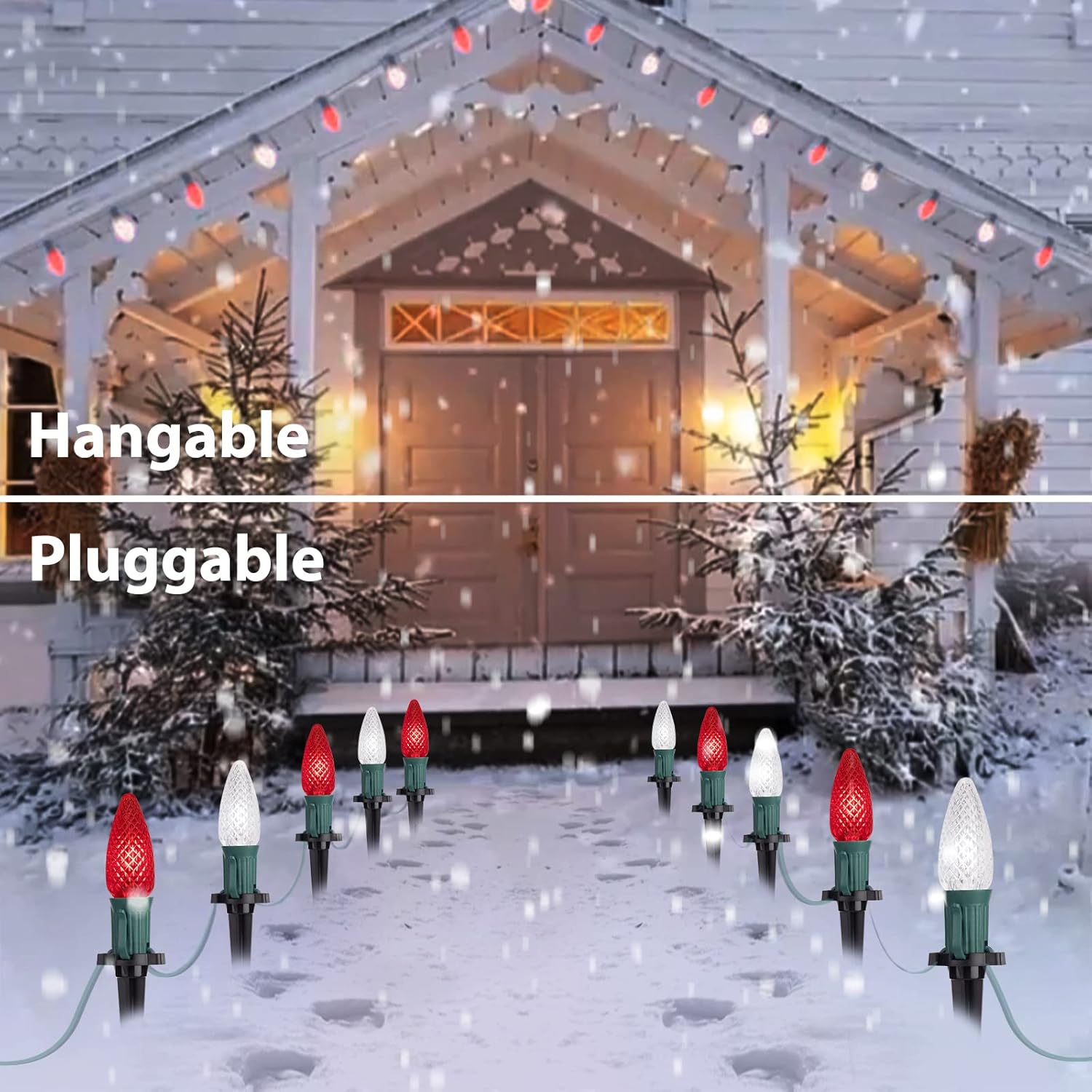 Luces LED C9 de Navidad para exteriores con estacas, 25.7 pies, 20 luces LED C9 de fresa, conectables, inastillables, marcador de luces de camino