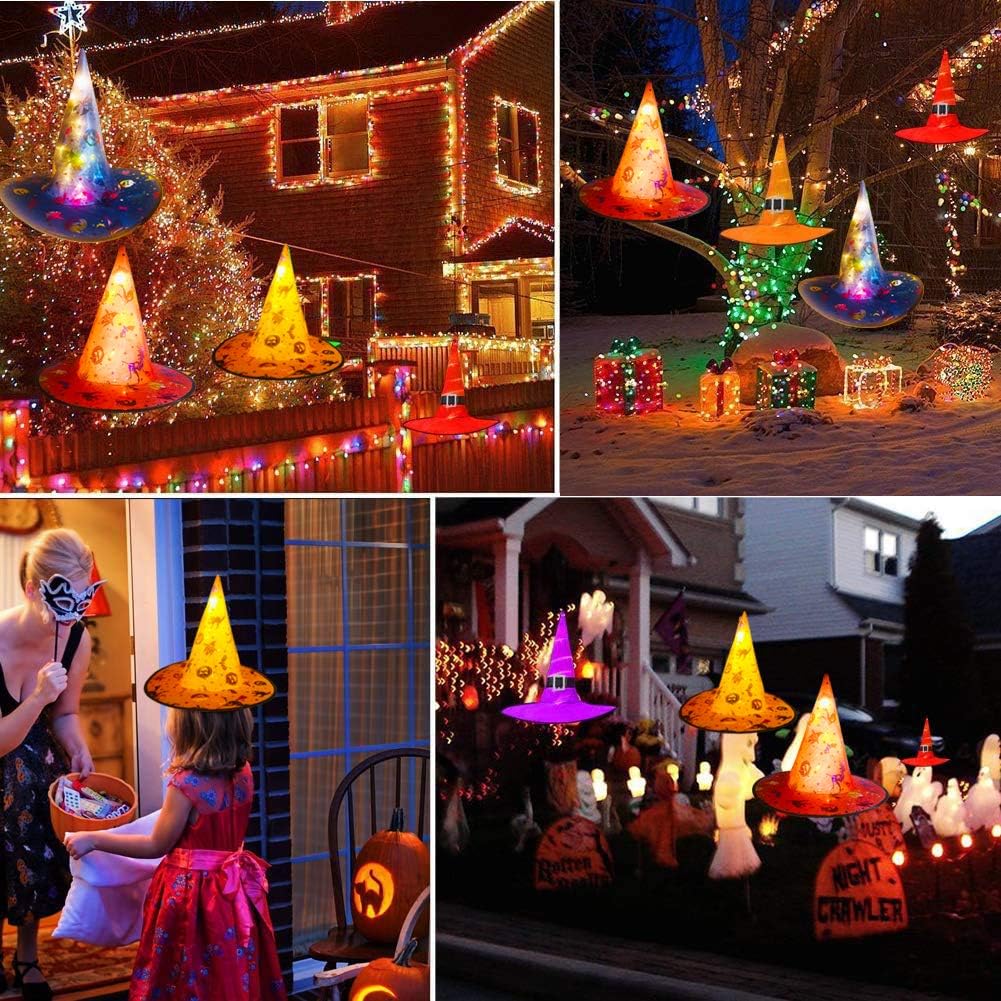 Decoraciones de Halloween sombreros de bruja con luz LED, 8 sombreros de bruja colgantes brillantes LED de Halloween al aire libre, guirnalda de