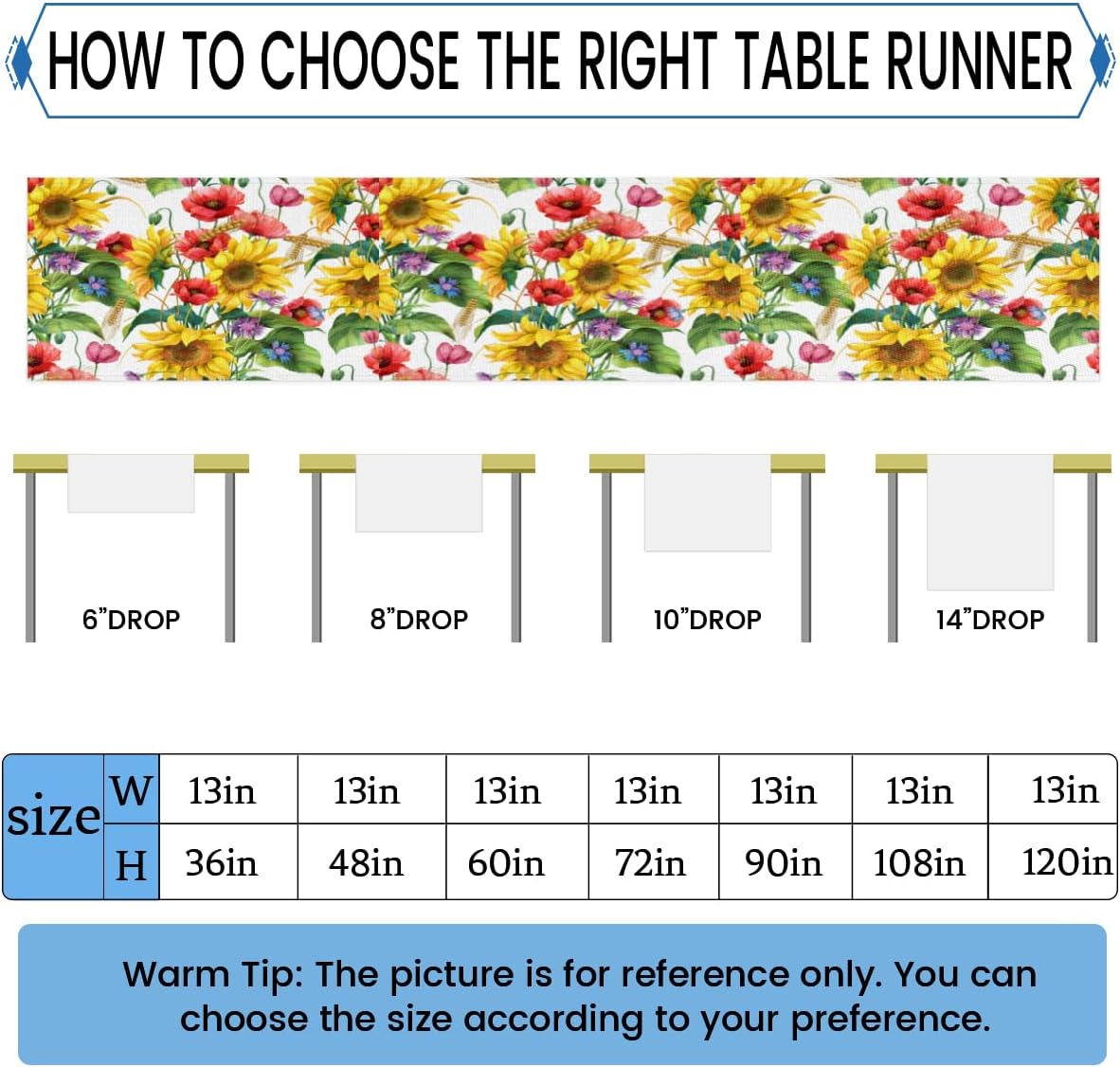 Table Runner Sunflowers Flowers, Autumn Rustic Linen Table Cloth Kitchen Dining Table Decor for Home Party 13 x 72 Inches