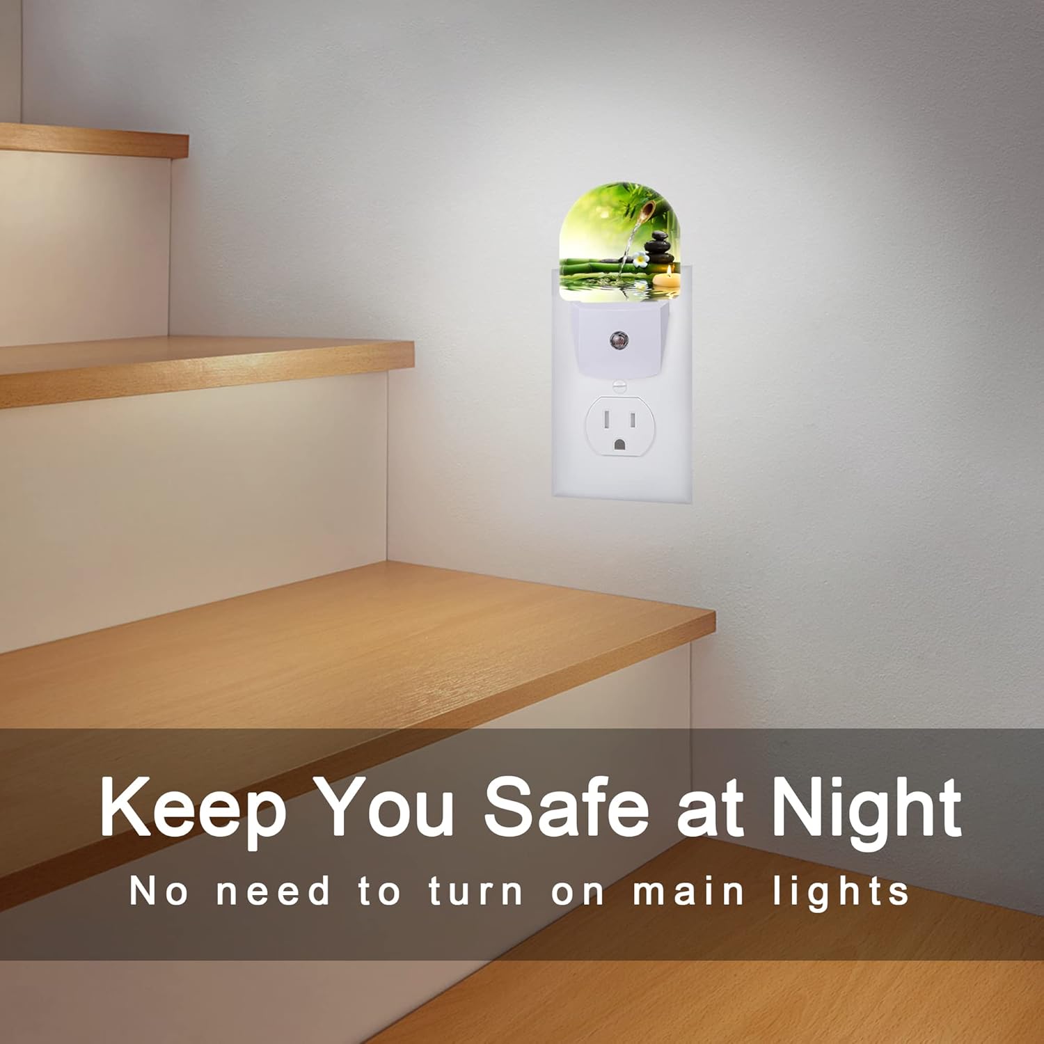 Luz nocturna de spa, meditación, piedras de bambú, flujo de agua, terapia de agua, luces nocturnas enchufables a la pared, sensor de atardecer a