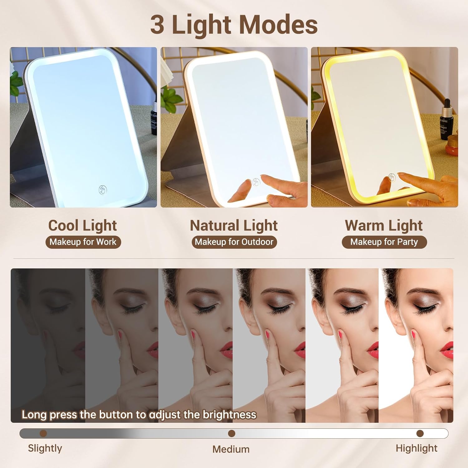 GcSige Espejo de tocador de viaje recargable con luces, espejo de belleza de maquillaje iluminado portátil, 3 modos de iluminación de color,