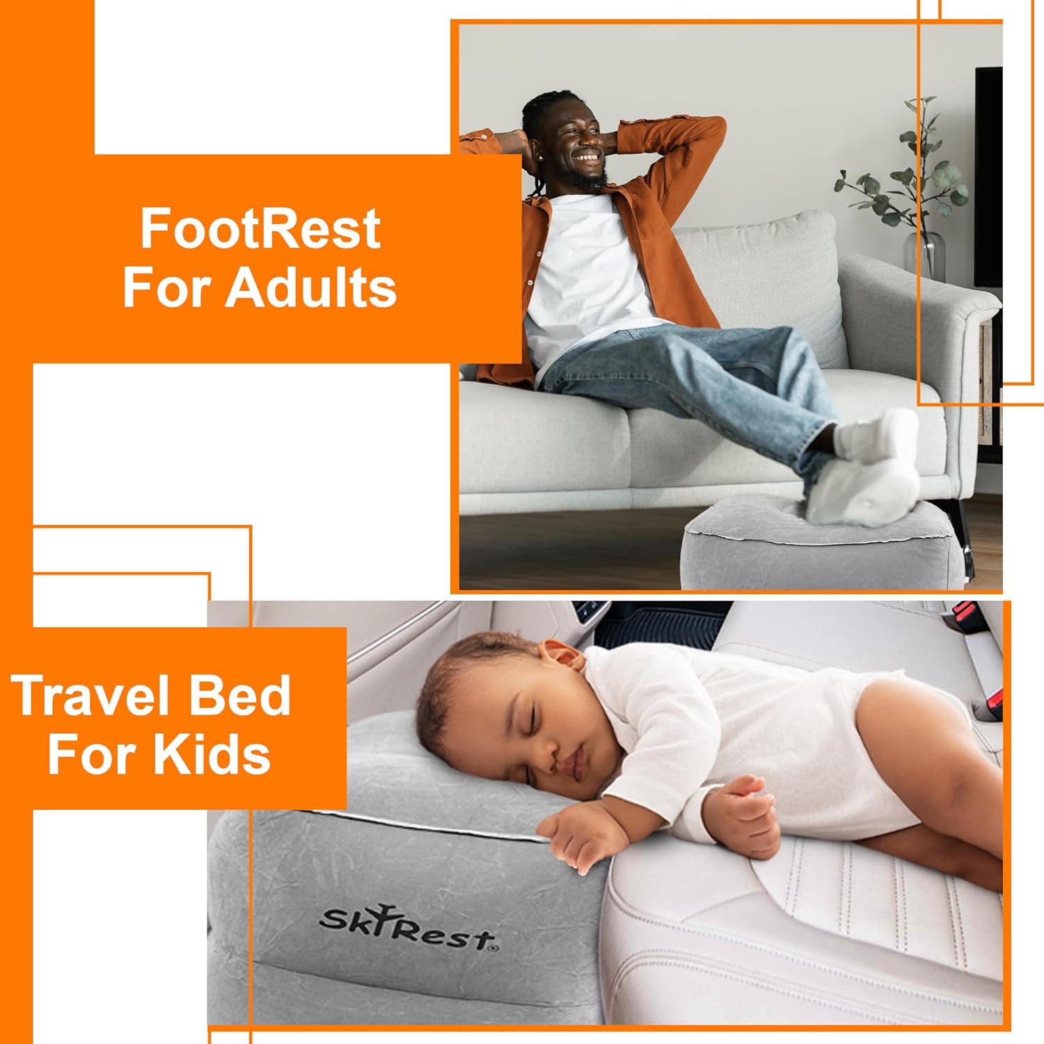 Skyrest Almohada inflable para viajes, reposapiés estándar de avión para viajes en avión, automóvil, tren, hogar y oficina, cama de avión para niños