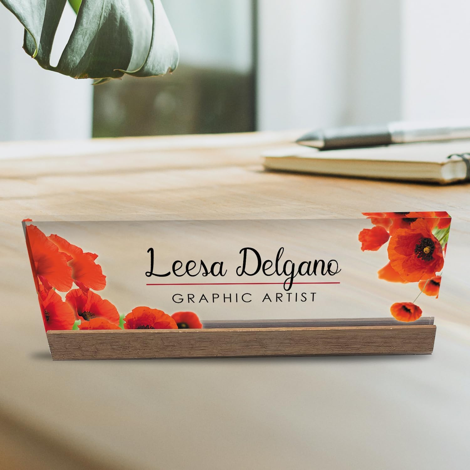 Artblox Placa de identificación personalizada de oficina para escritorio con tarjetero en vidrio acrílico transparente, diseño de flores de amapola,