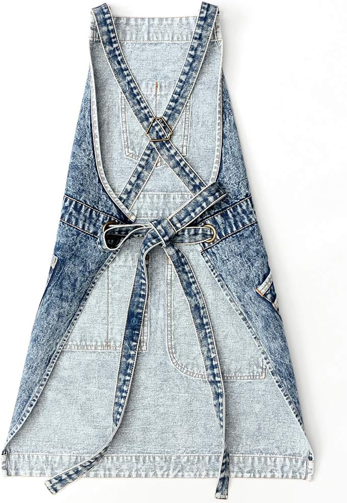 Jeanerlor – Delantales de trabajo de mezclilla con bolsillos para mujeres y hombres, correas cruzadas y ajustables de S a XXXL, Azul mezclilla