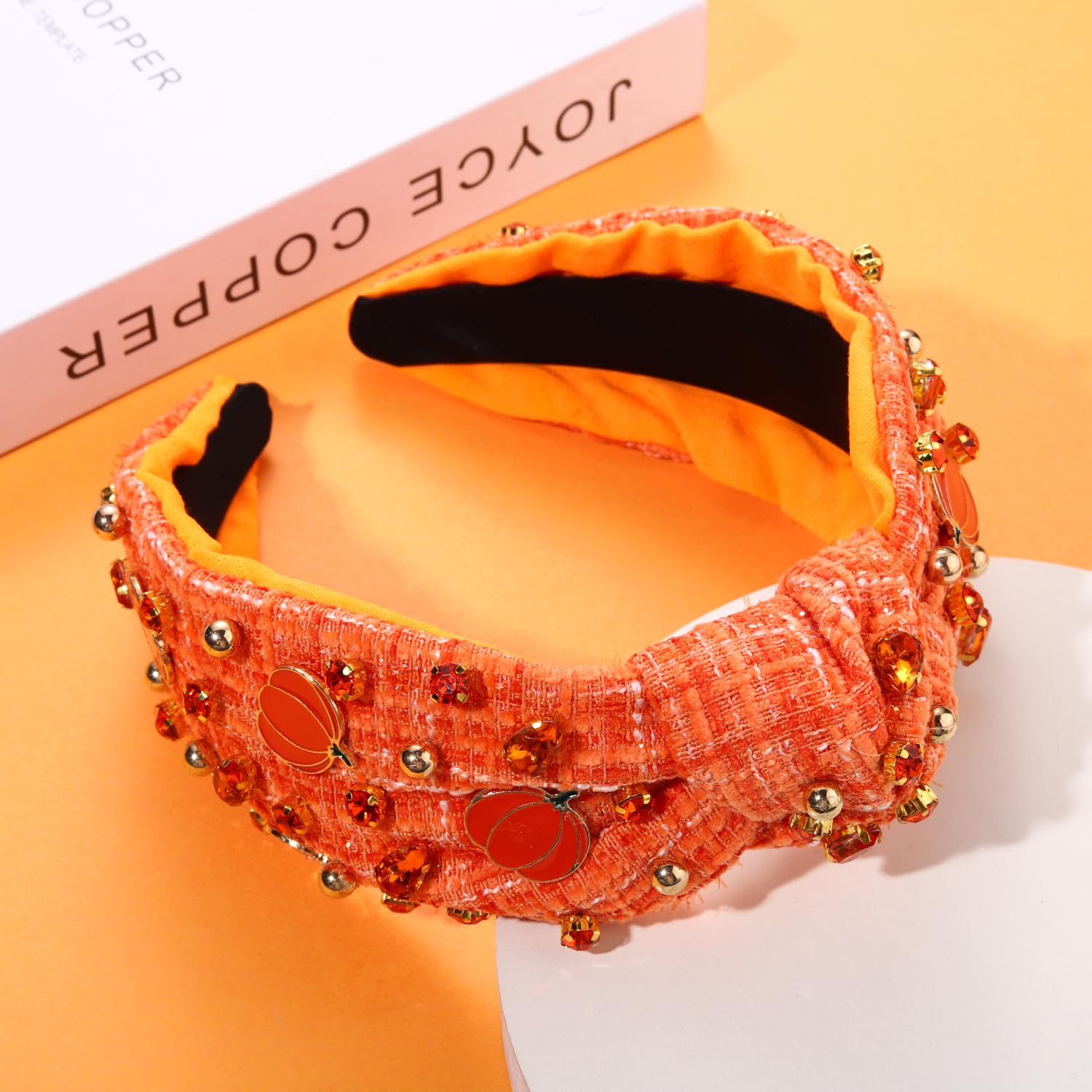 JERTOCLE Diadema de Acción de Gracias, diadema de otoño para mujer, diadema esmaltada de calabaza con cristales anudados, diadema de tweed con nudo