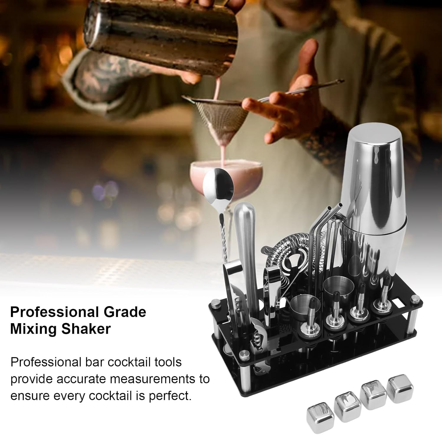 Kit de barman de acero, juego de coctelera de 23 piezas con acrílico, mezcla de grado profesional para bar y fiesta