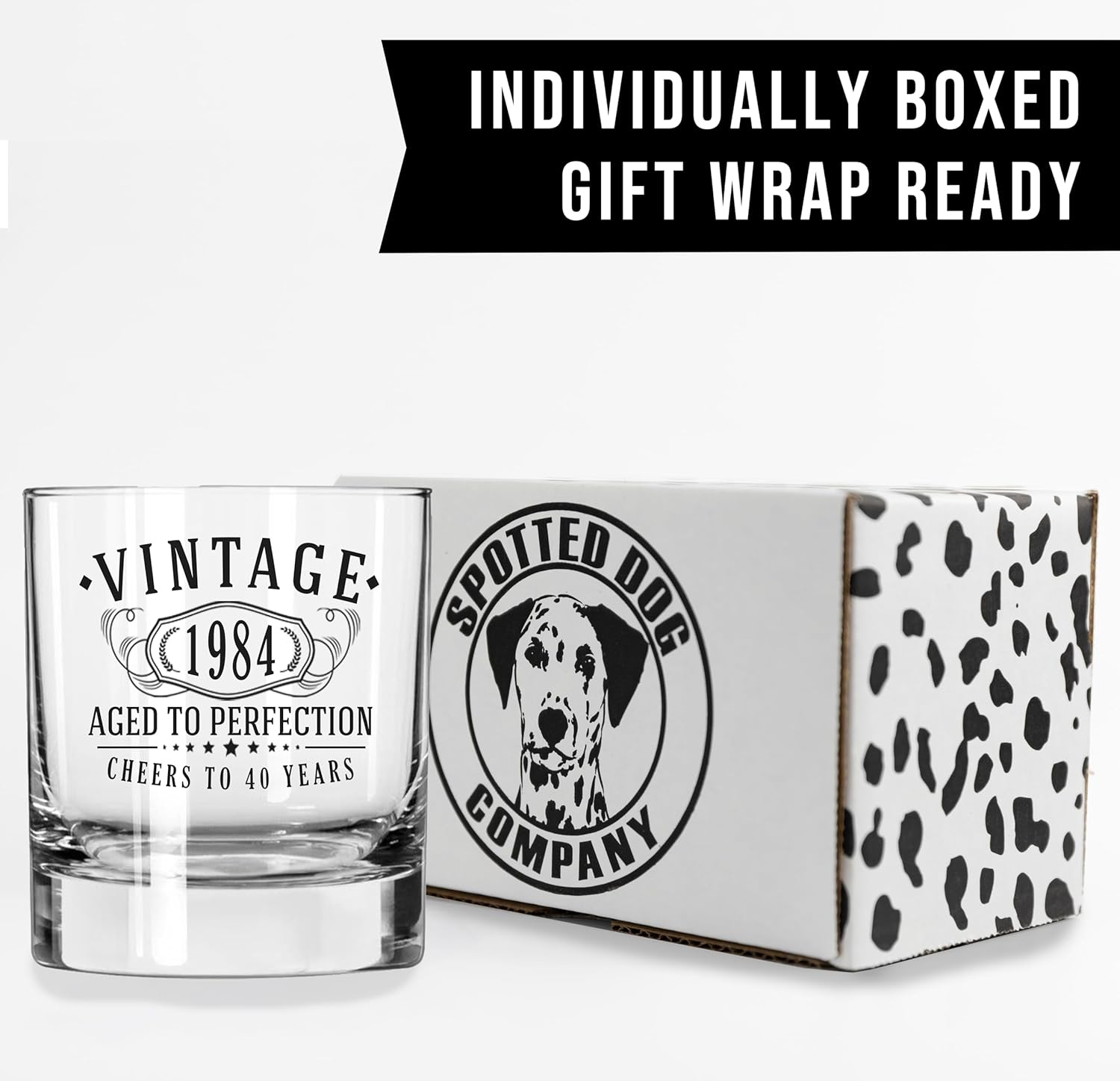 Cristal de whisky negro estampado vintage de 1984 de 11 onzas  Regalo de feliz cumpleaños 40 para hombres, saludos a 40 años, decoración de 40