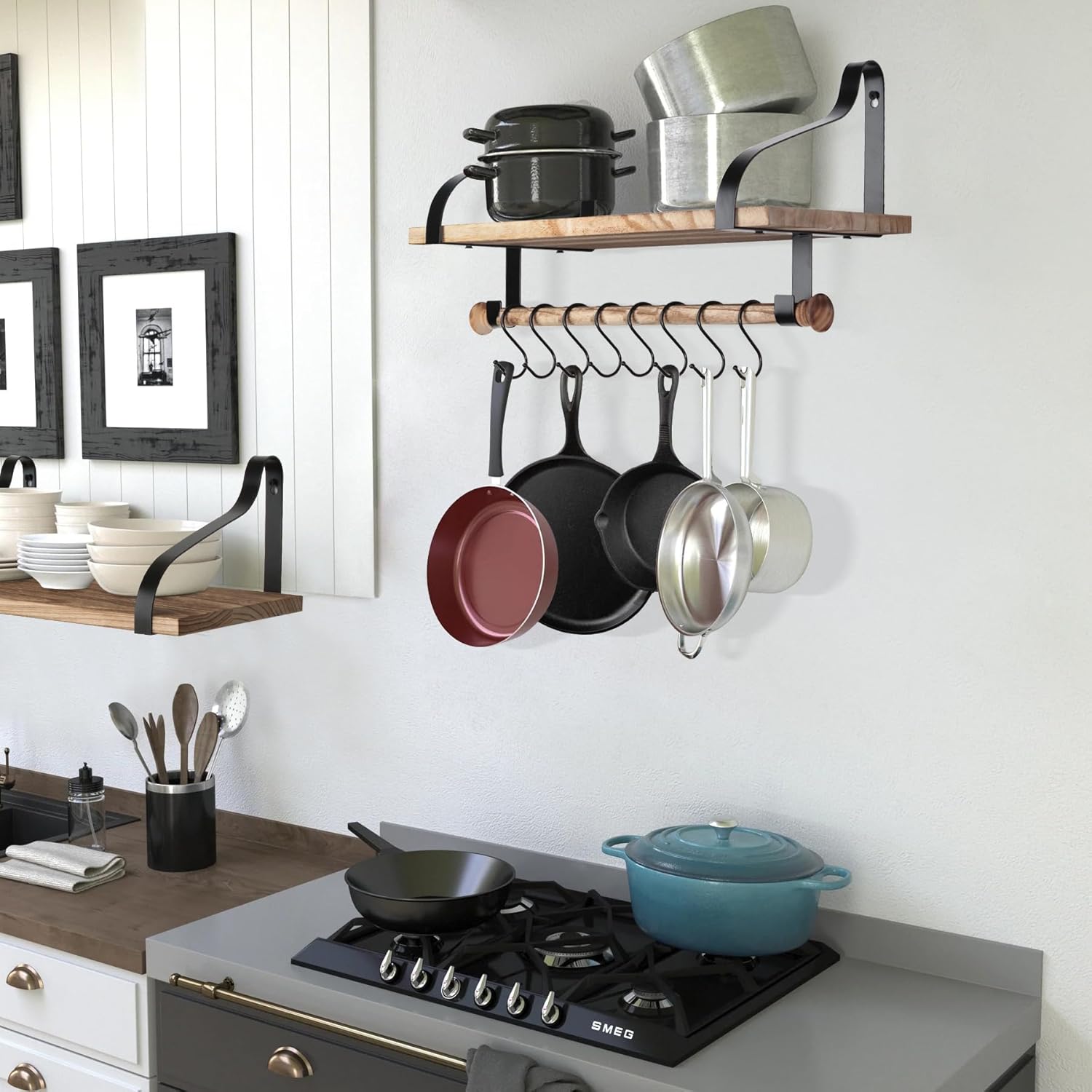 Gurfury – Estante colgante de madera para ollas con 8 ganchos, soporte de pared estilo granja, multifuncional, organizador de utensilios de cocina,