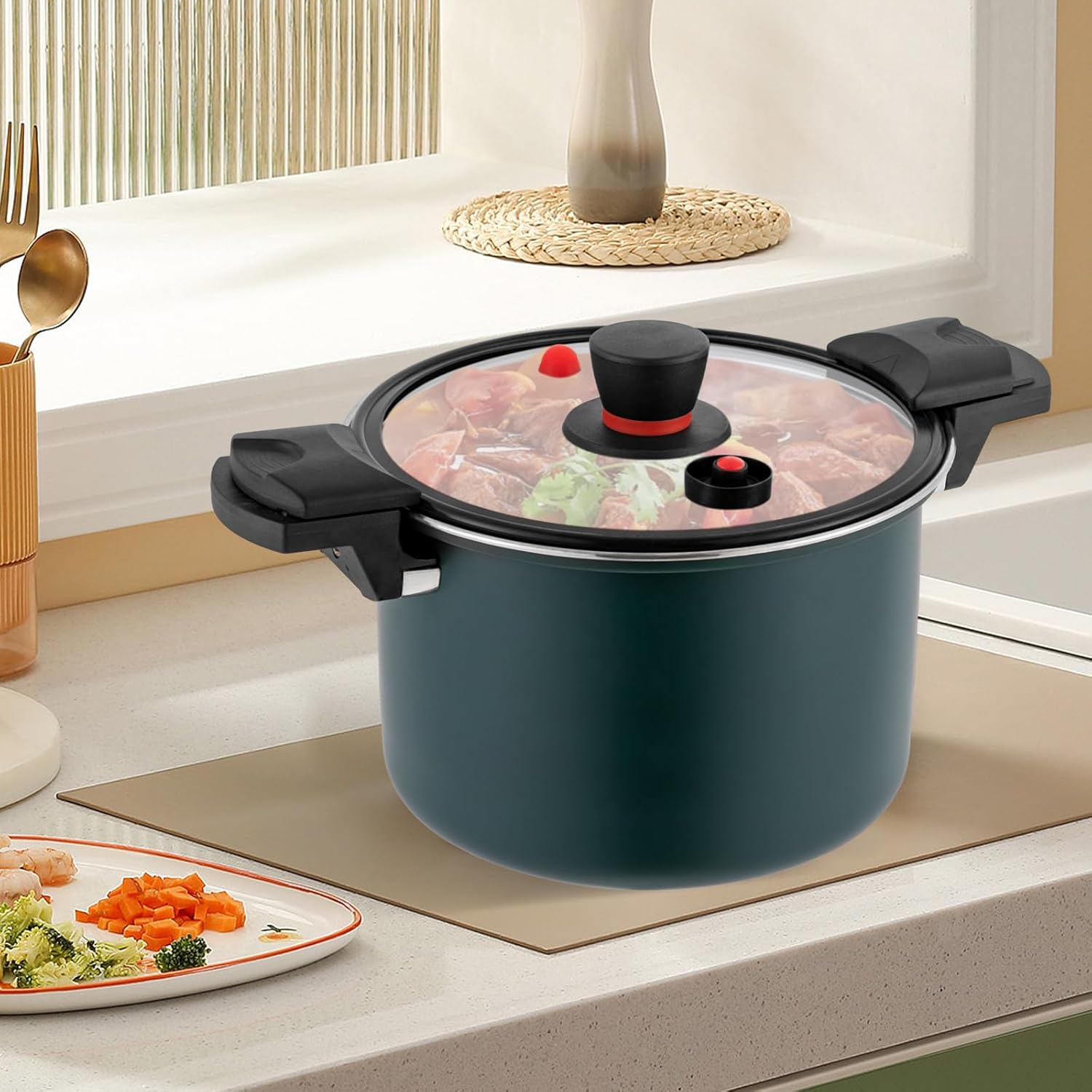 Olla a presión de acero inoxidable de 7.4 cuartos de galón de capacidad, válvula de resorte, dispositivos de protección con tapa de vidrio