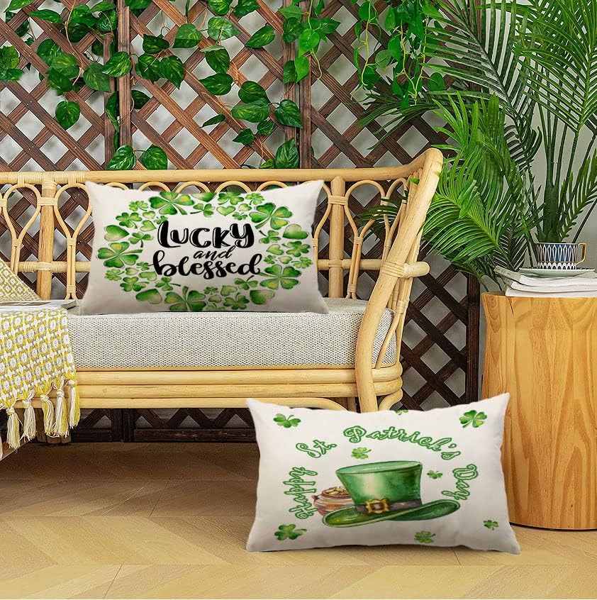 Juego de 4 fundas de almohada del Día de San Patricio de 12 x 20 pulgadas, fundas de almohada del Día de San Patricio, trébol verde, trébol de la