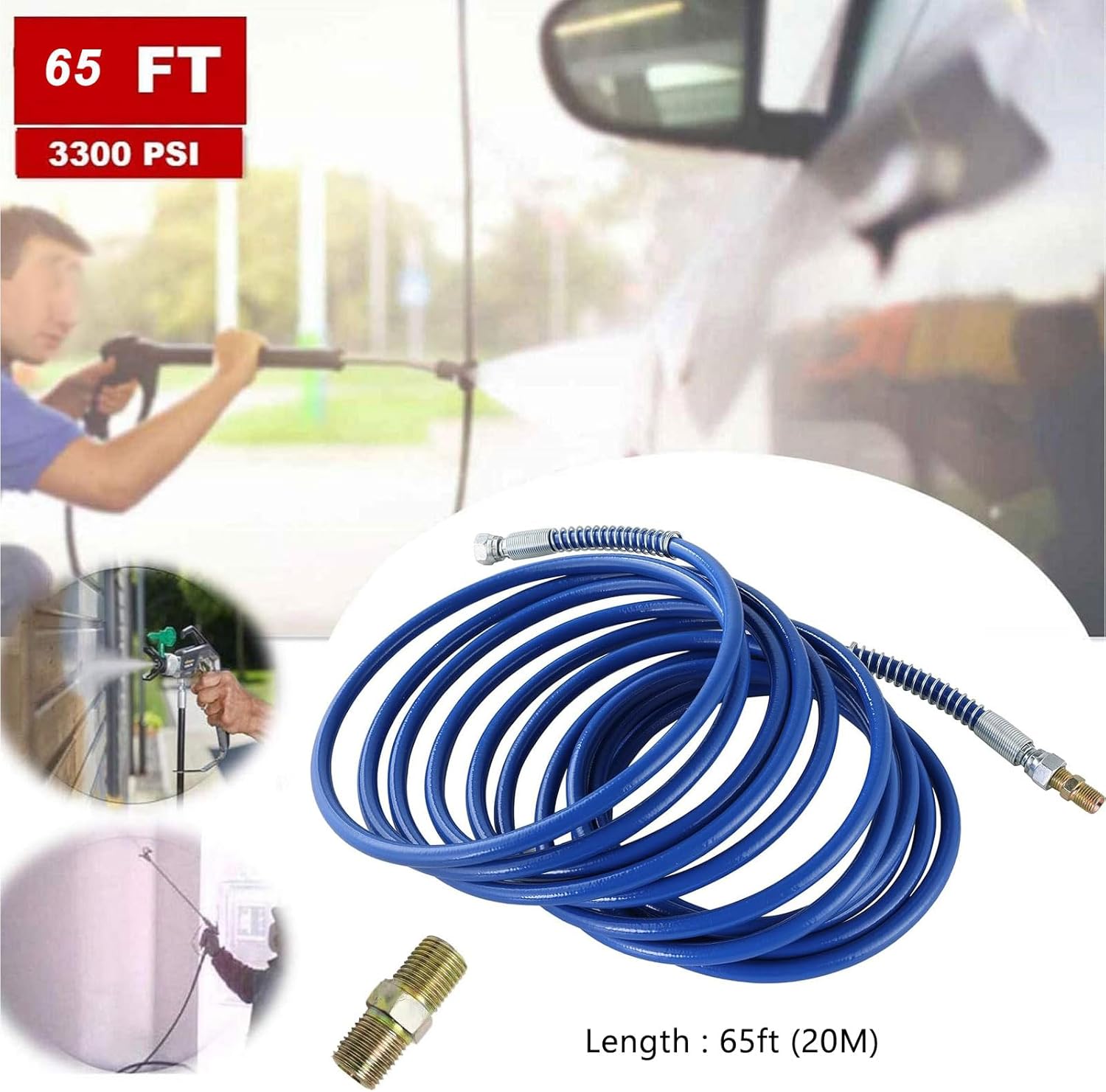 Manguera de pulverización de pintura sin aire de 65 pies x 14 pulgadas, tubo de fibra flexible de color azul (65.6 ft para pistola rociadora de 3300