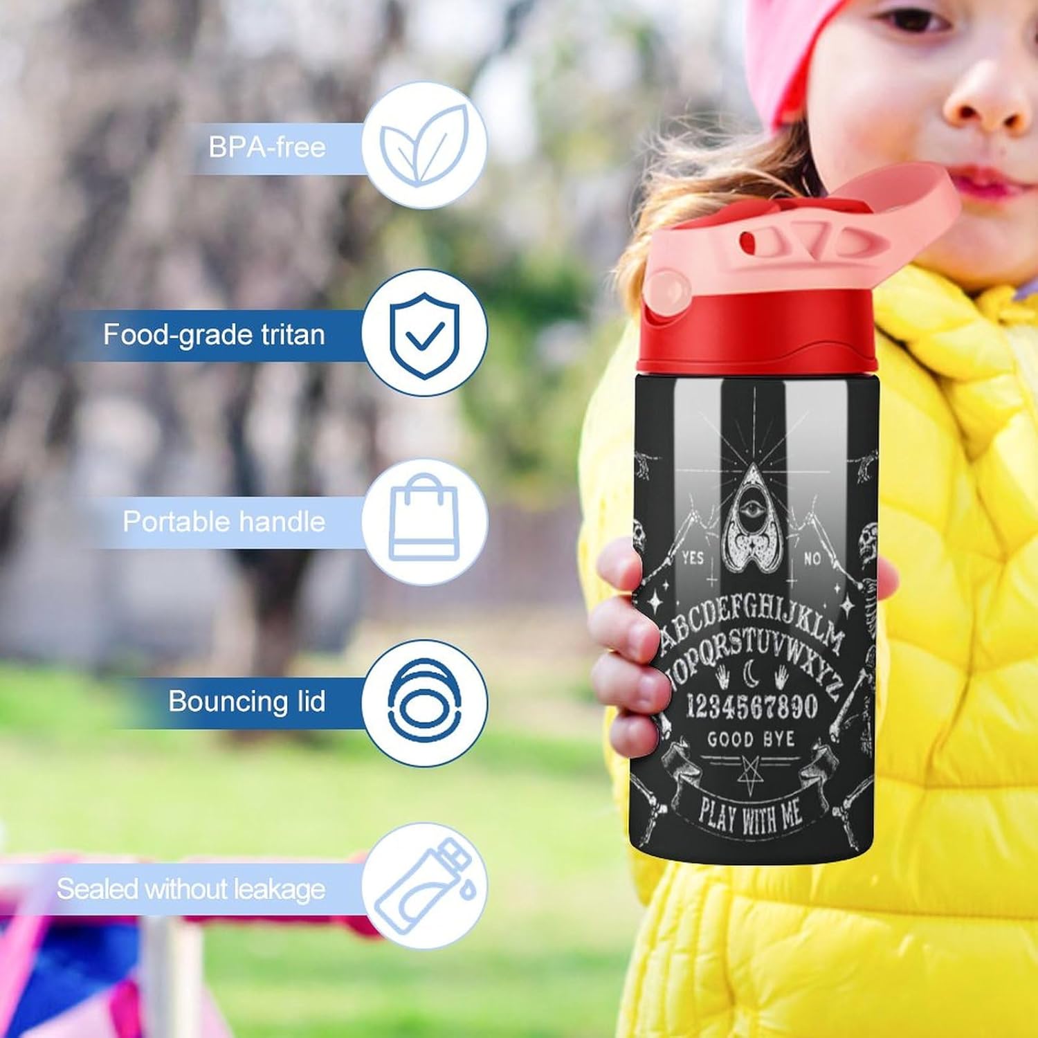 Botella de agua de viaje de acero inoxidable con diseño de bruja mágica de esqueleto gótico negro con pajilla, reutilizable, para hombres y mujeres