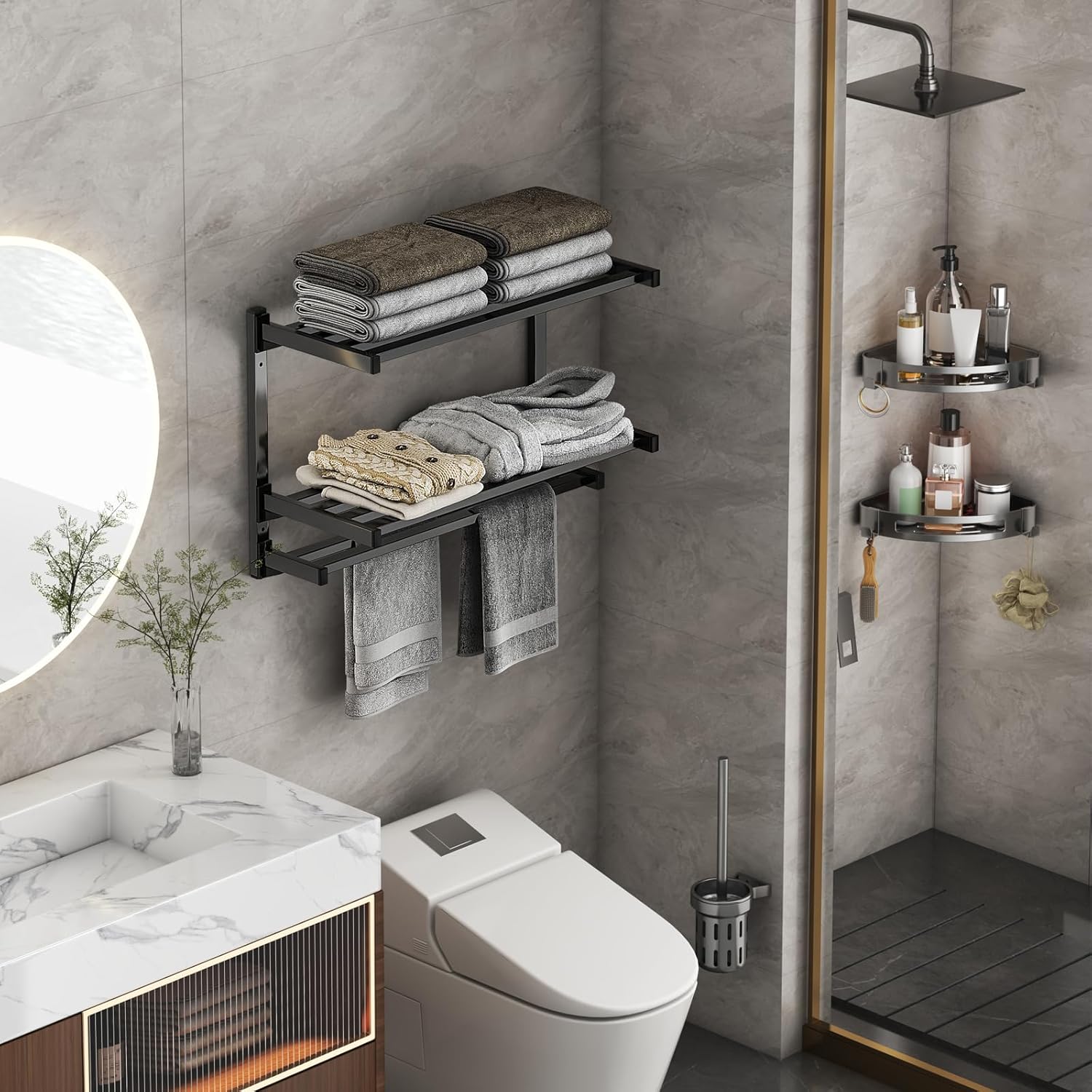 Toallero de 24 pulgadas para baño, toallero de 3 niveles con estante de almacenamiento desmontable, estante de toallas de baño con doble toallero,