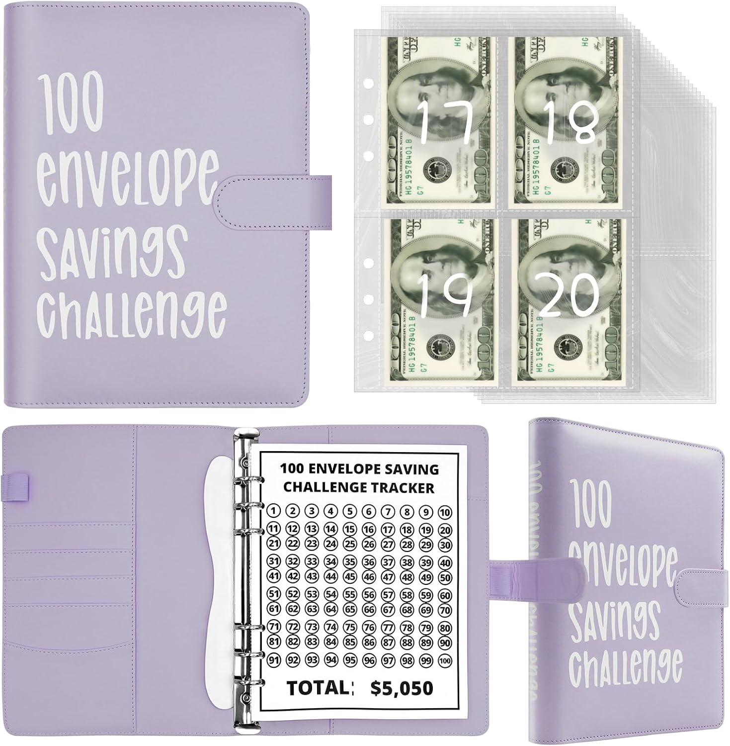 Carpeta de desafío de 100 sobres, desafío de ahorro de dinero de 100 sobres, forma fácil y divertida de ahorrar $5,050, carpeta de presupuesto con