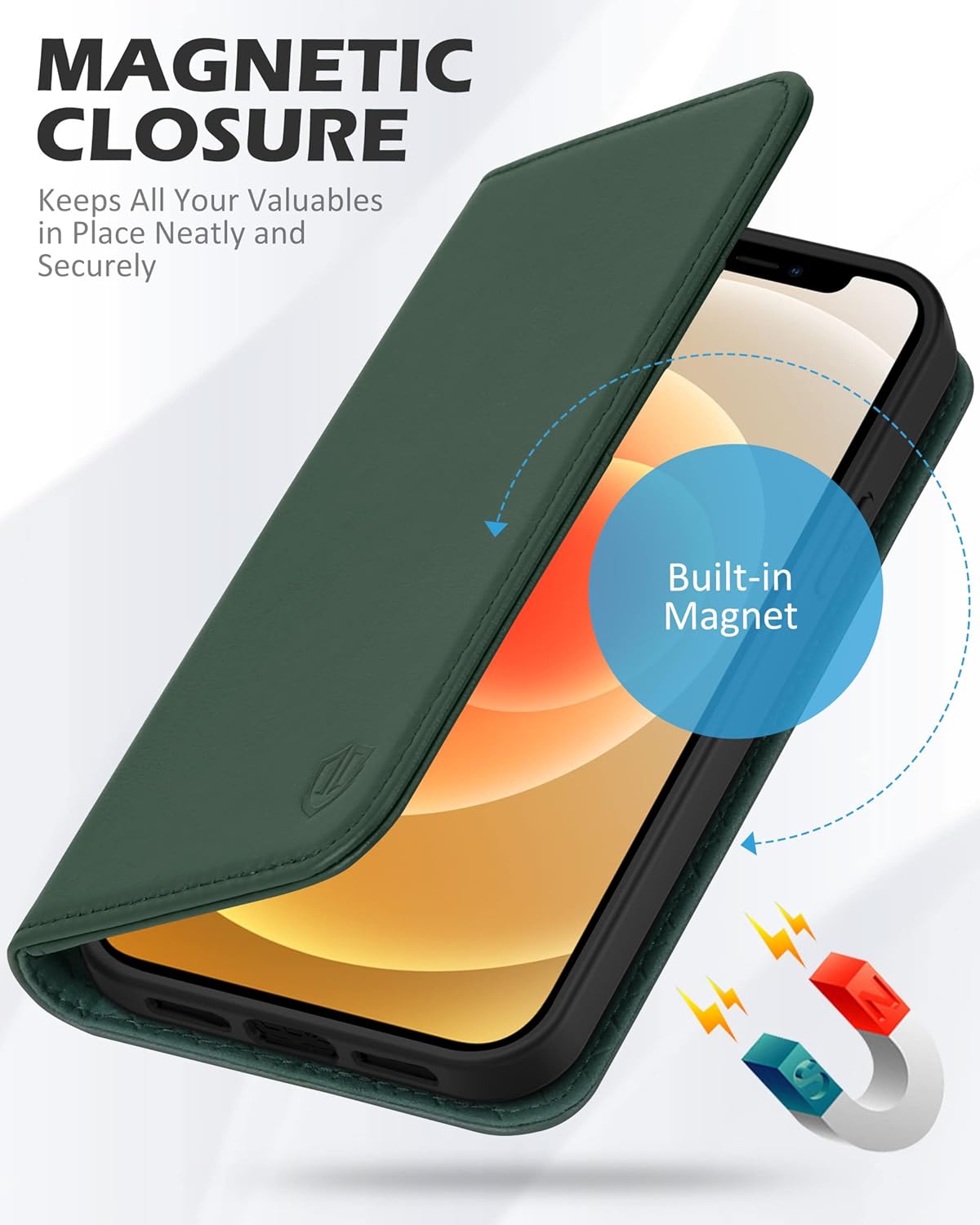 SHIELDON – Funda para iPhone 1212 Pro, cuero genuino, cubierta magnética, tarjetero con bloqueo RFID, kickstand, funda protectora a prueba de
